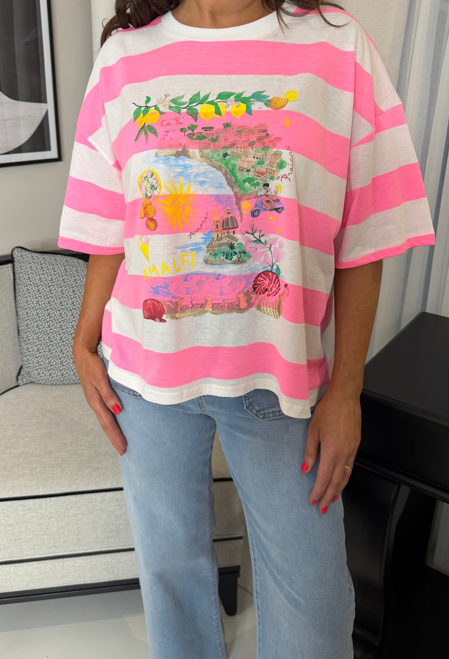 Pink & White Striped Print T-Shirt