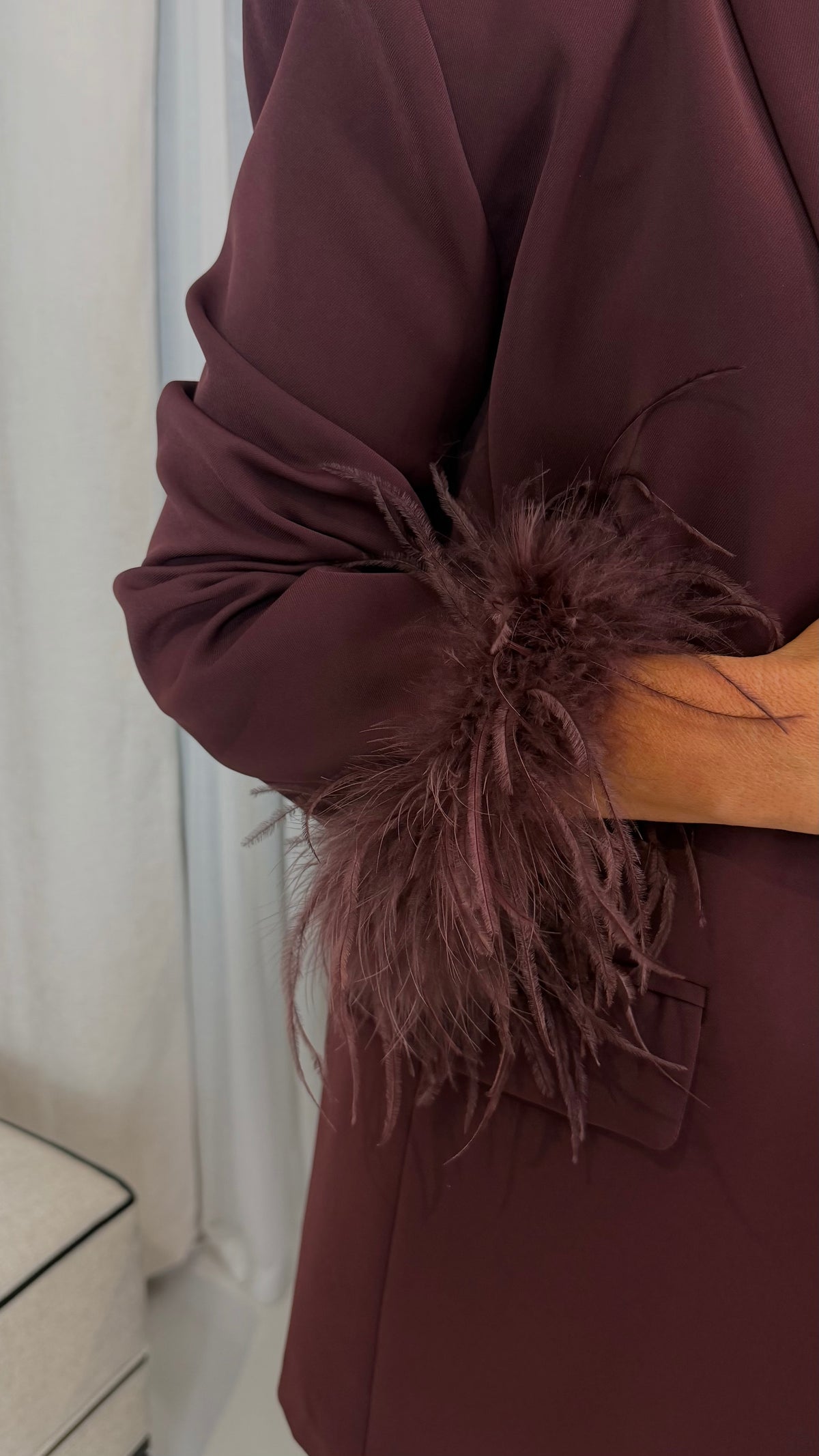 Oversized Plum Feather Trim Blazer