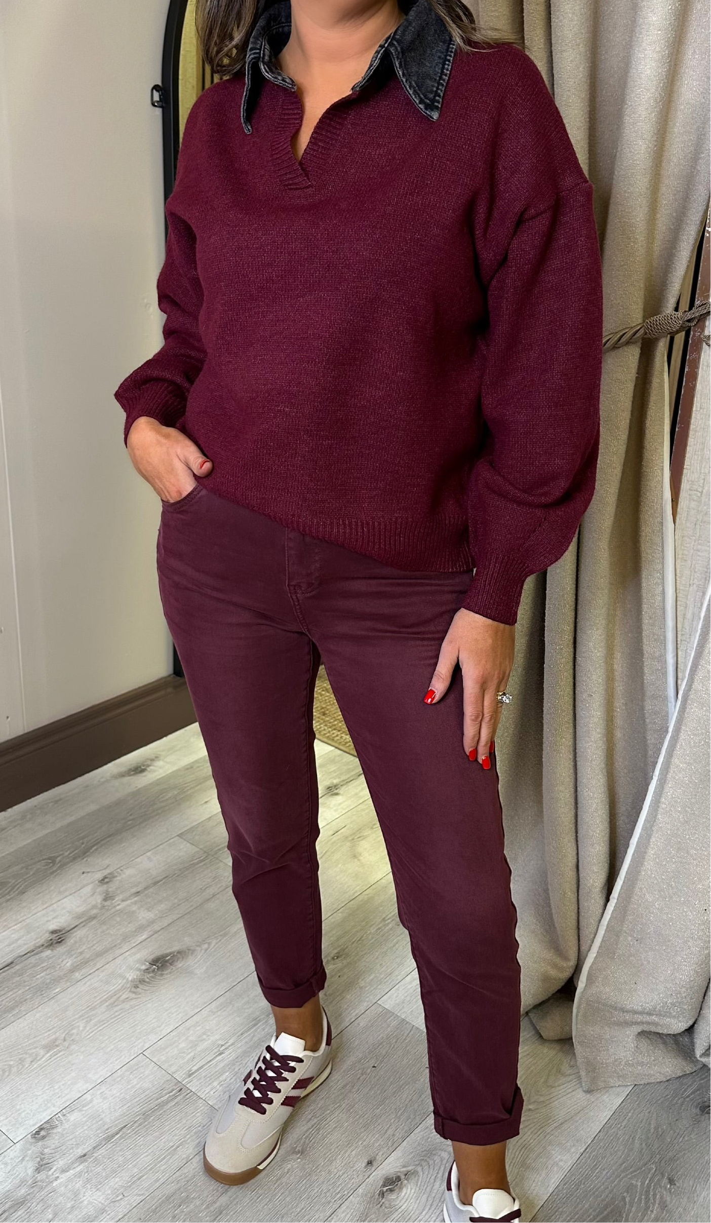 Wine Polo with Denim Collar