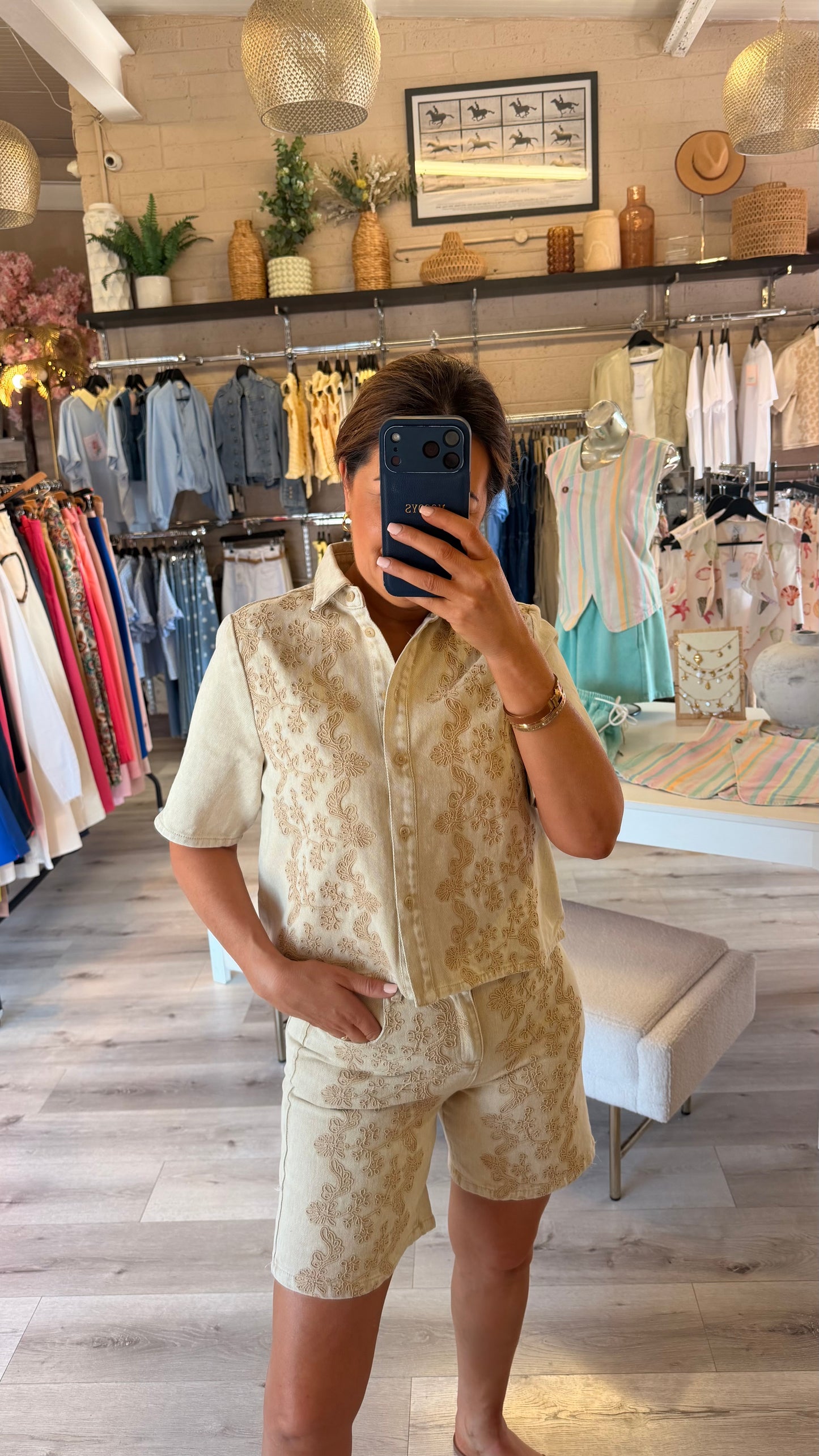Beige Denim Embroidered Shorts
