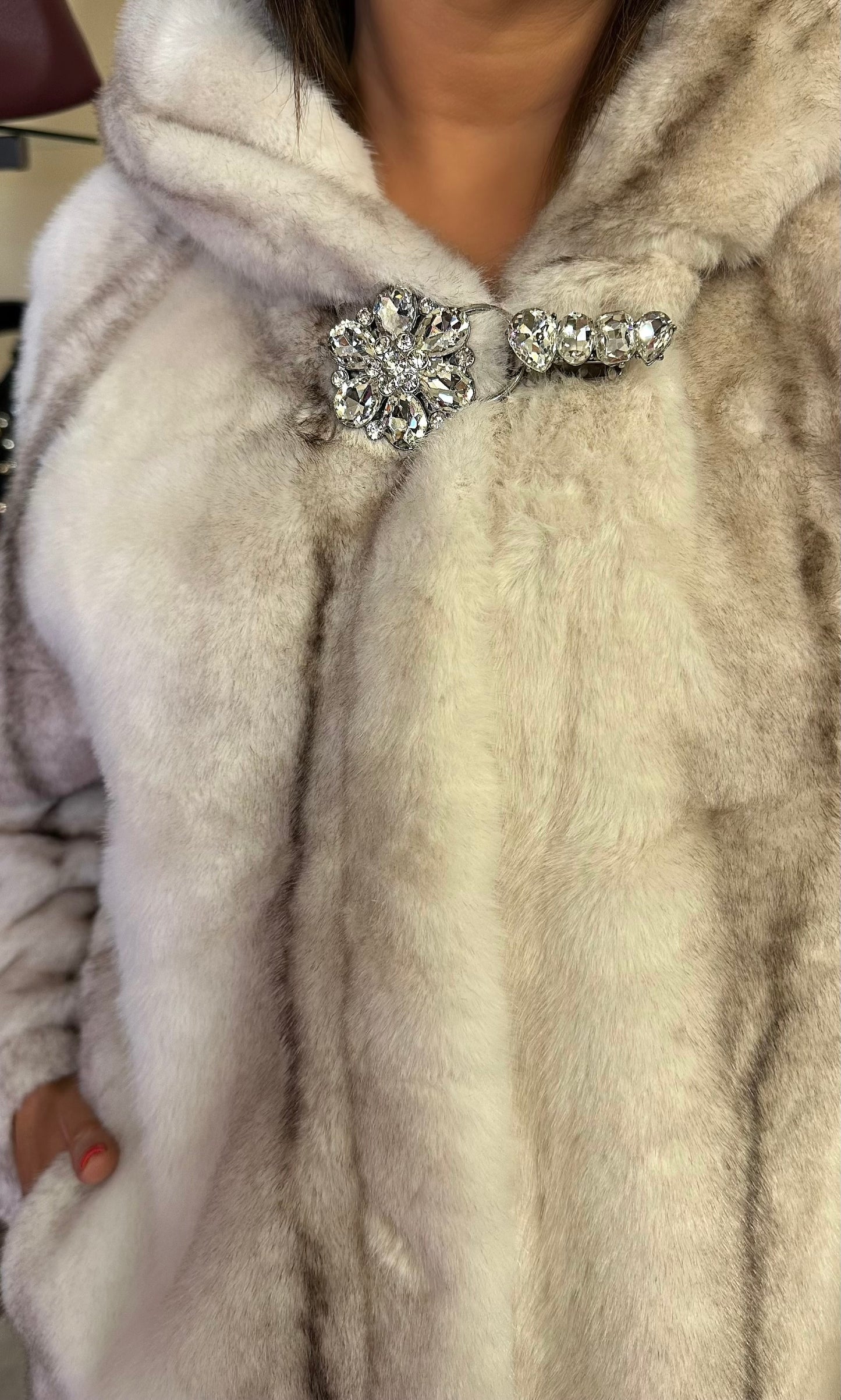 Luxe Crystal Trim Faux Fur Coat