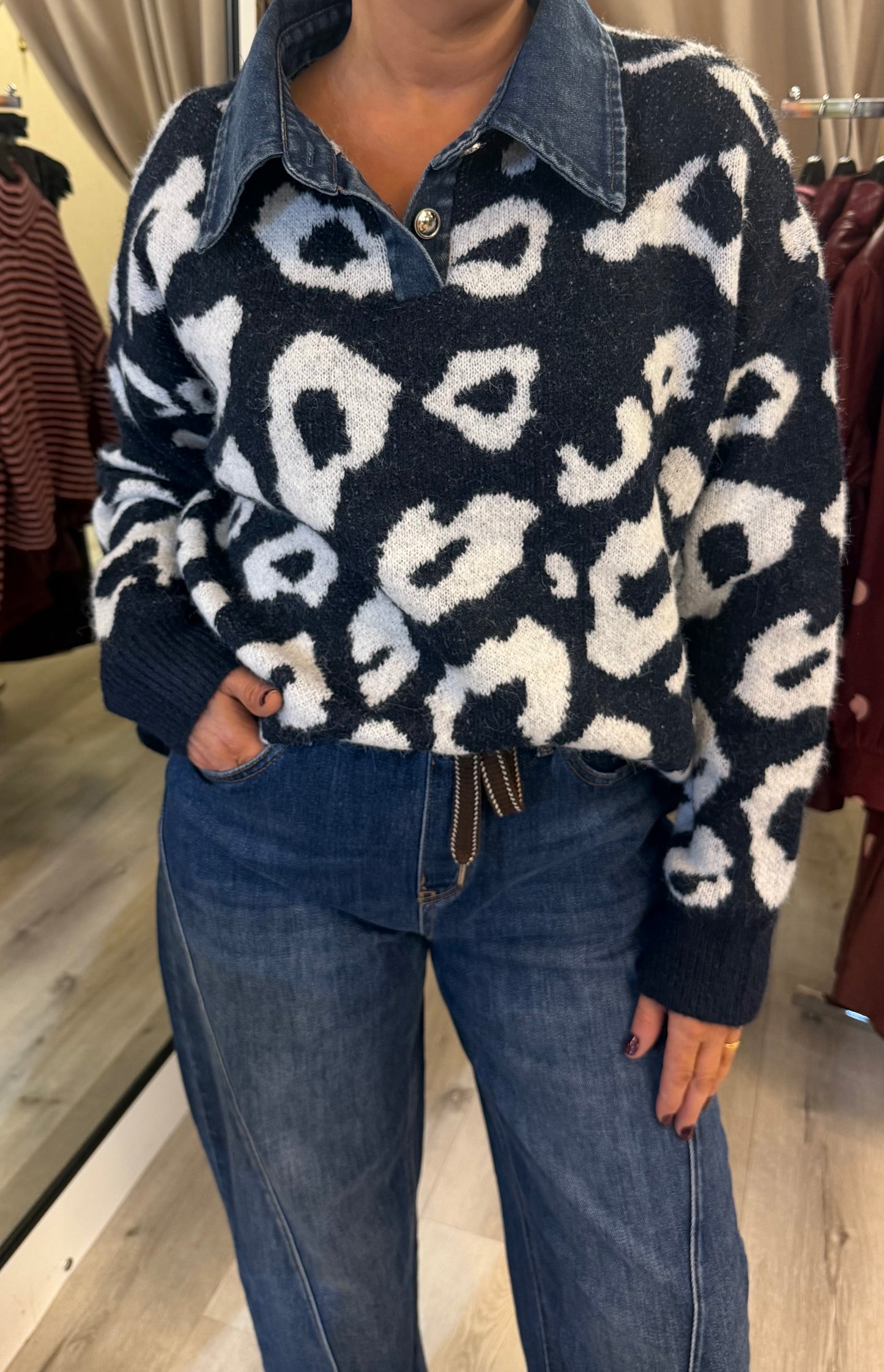 Navy Leopard Sweater with Denim Collar