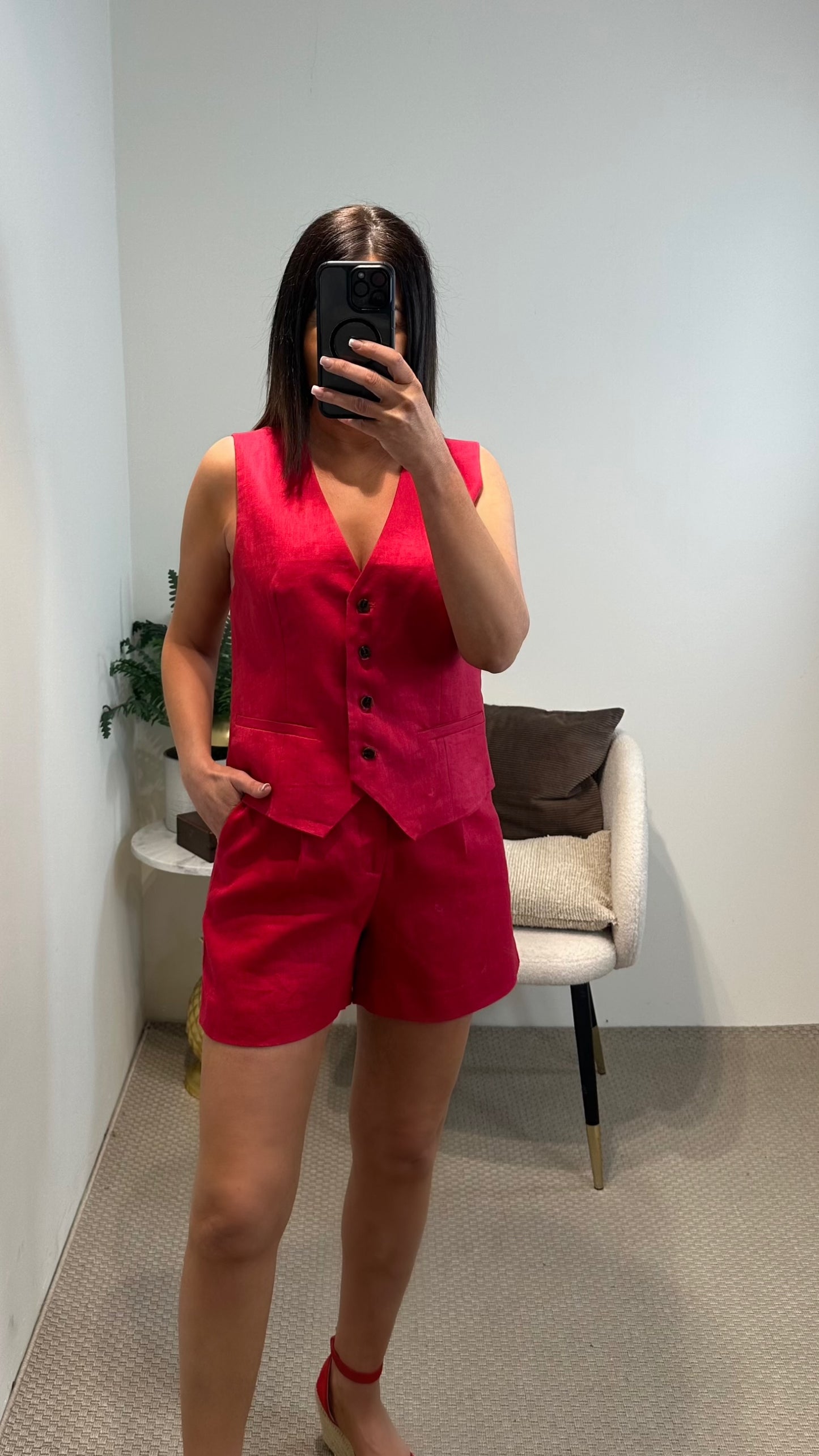 Red Linen-Blend Waistcoat