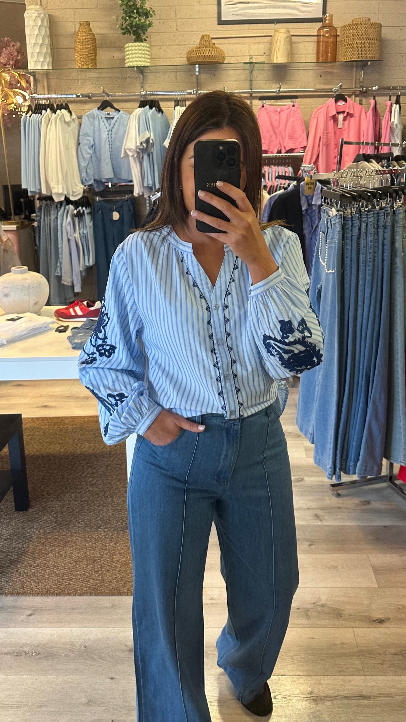 Blue Striped Shirt with Embroidery