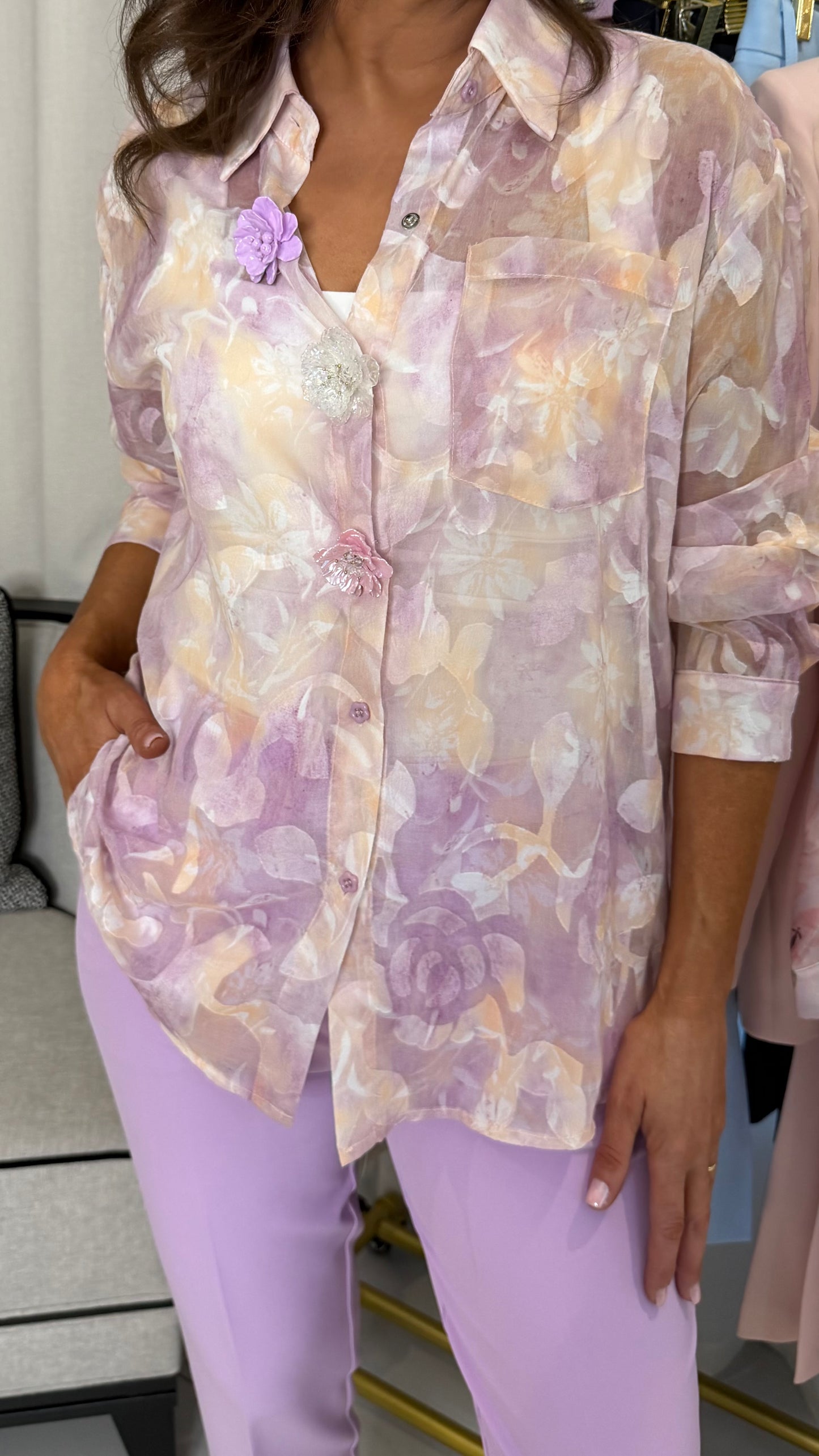 Lilac & Lemon Floral Sheer Blouse with 3D Flower Buttons