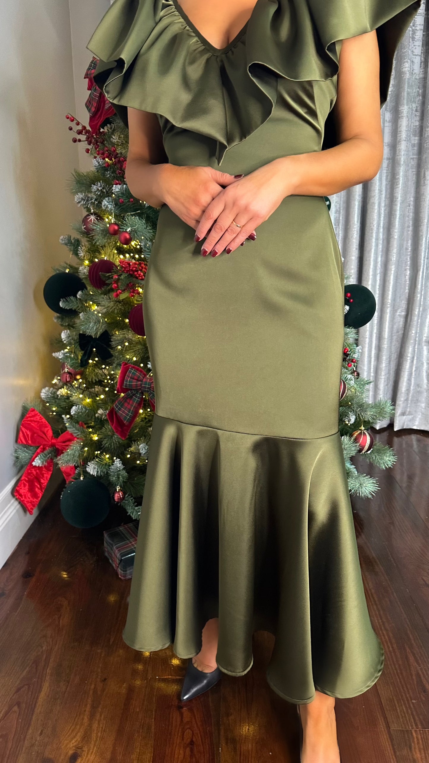 Noelle Khaki Satin Ruffle Dress