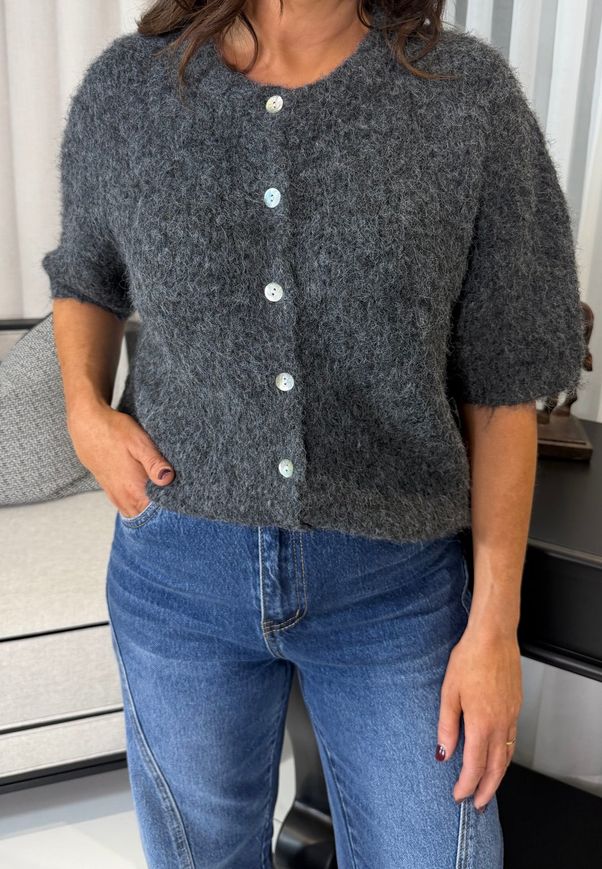 Grey Short-Sleeve Cardigan