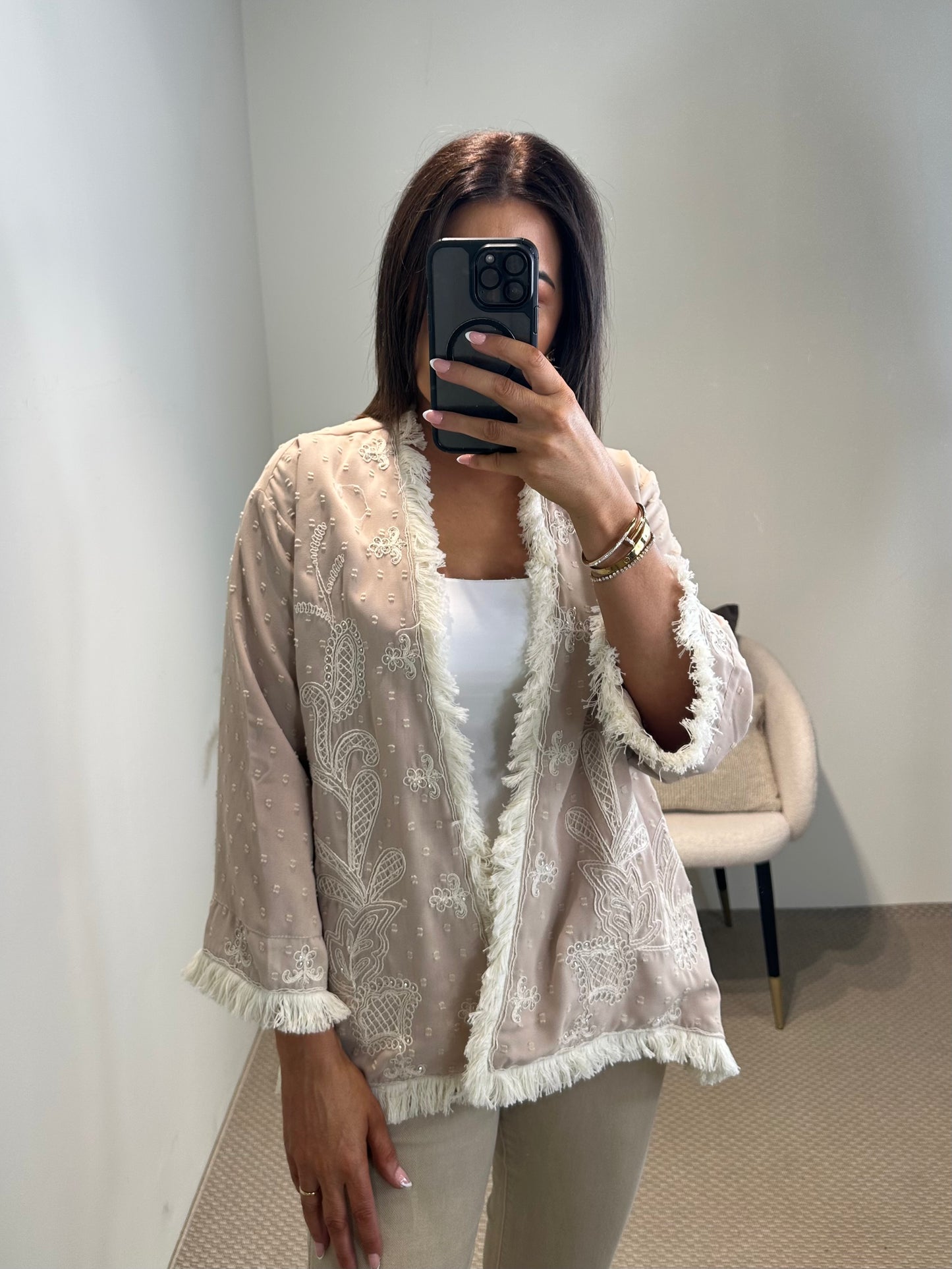 Embroidered Taupe Kimono