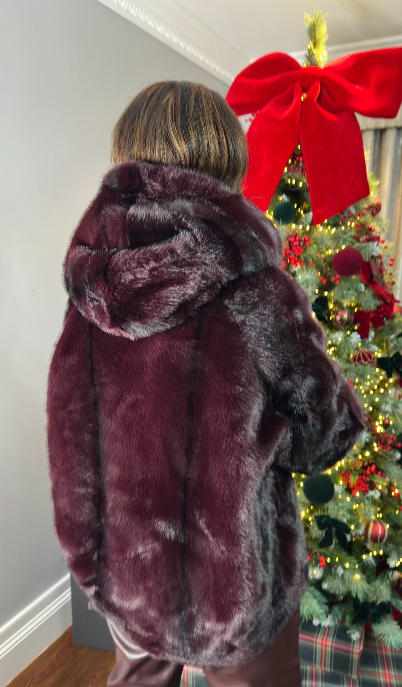 Luxe Crystal Burgundy Faux Fur Coat