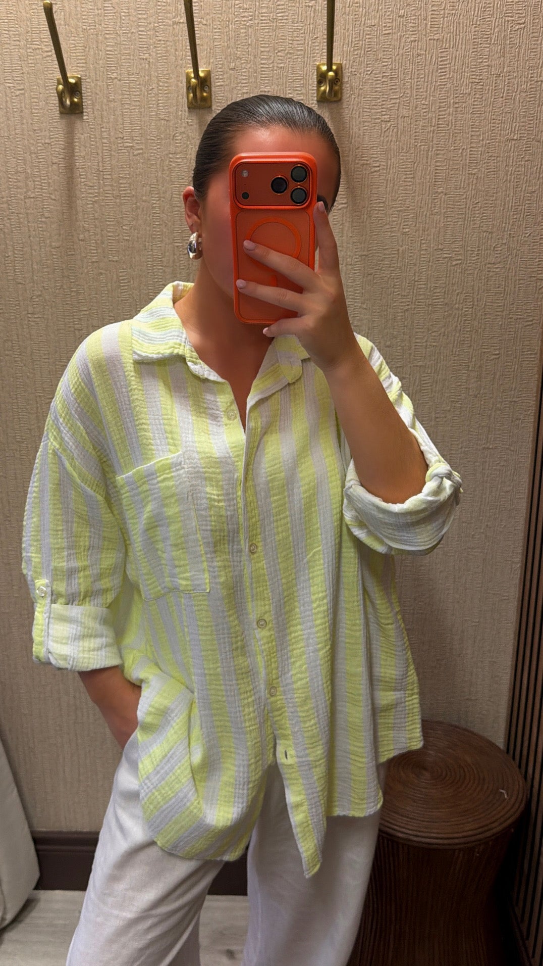 Neon Lime & White Striped Button-Down Crinkle Shirt