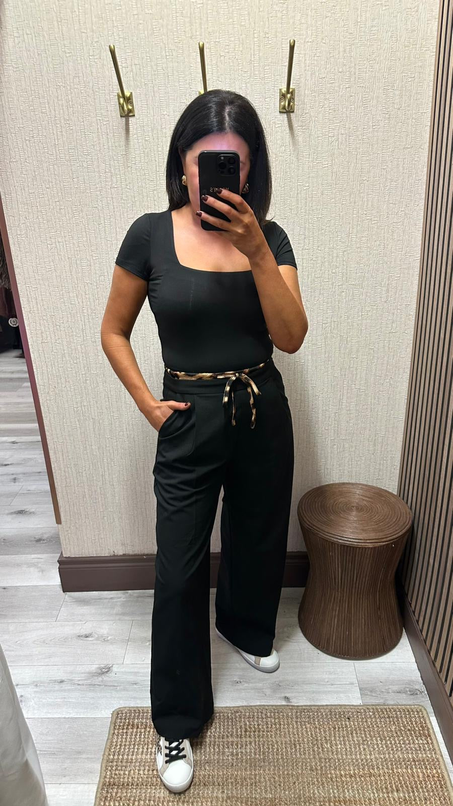 Black Wide-Leg Bottoms with Leopard Trim