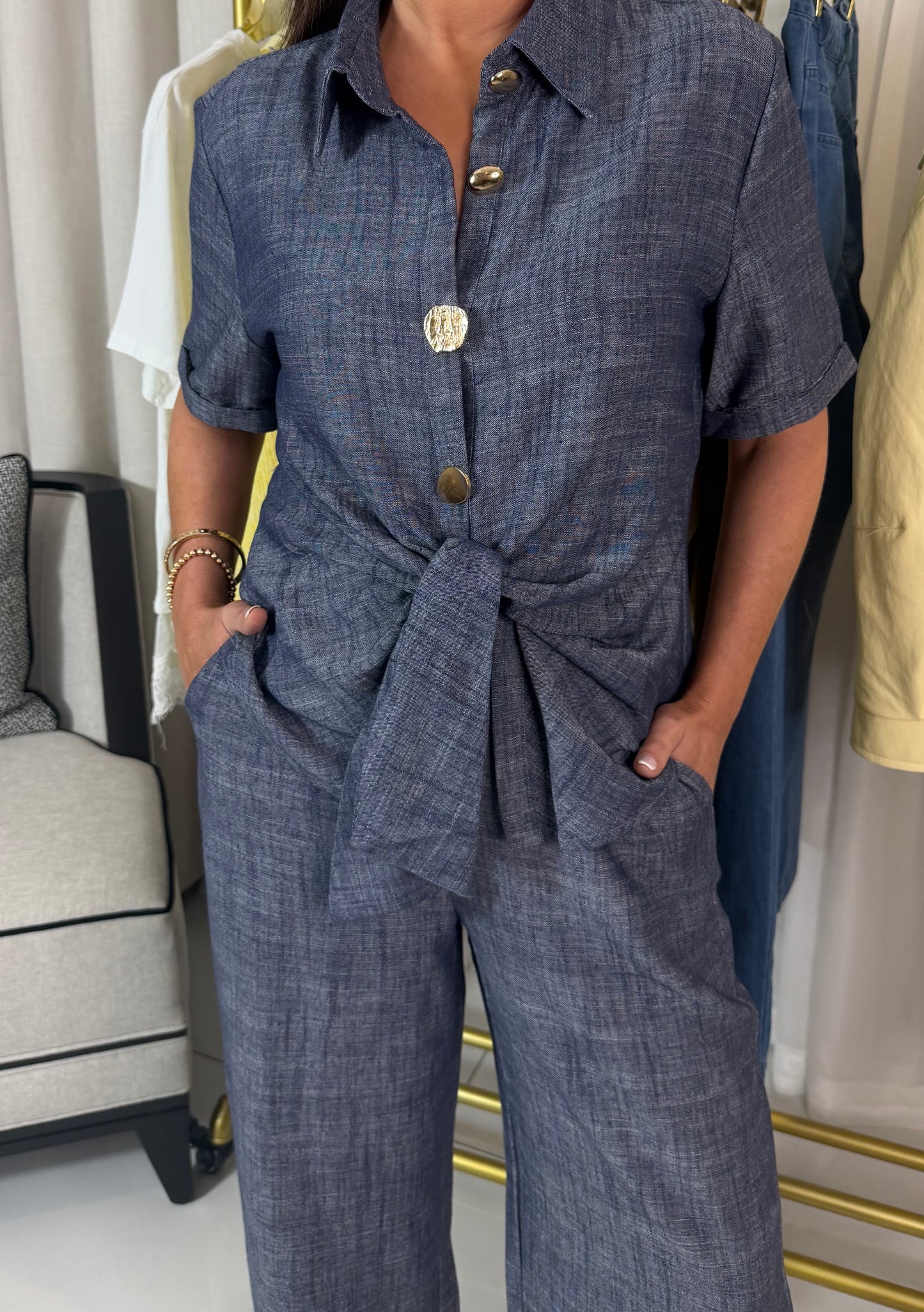 Navy Tie-Detail Linen Blend Shirt