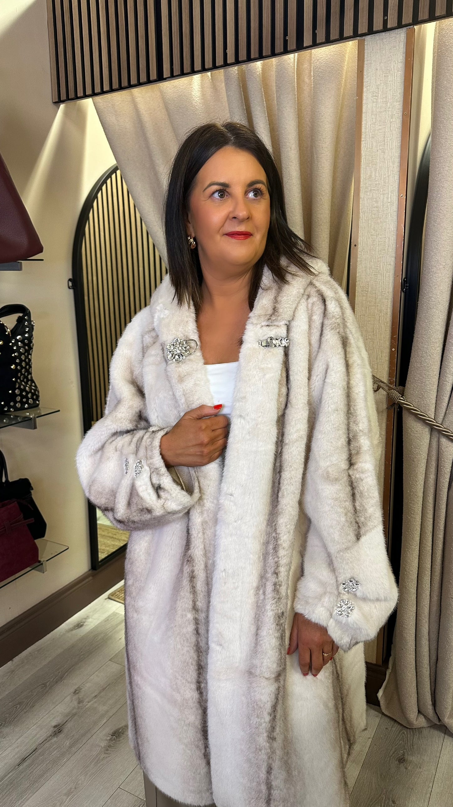 Luxe Crystal Trim Faux Fur Coat