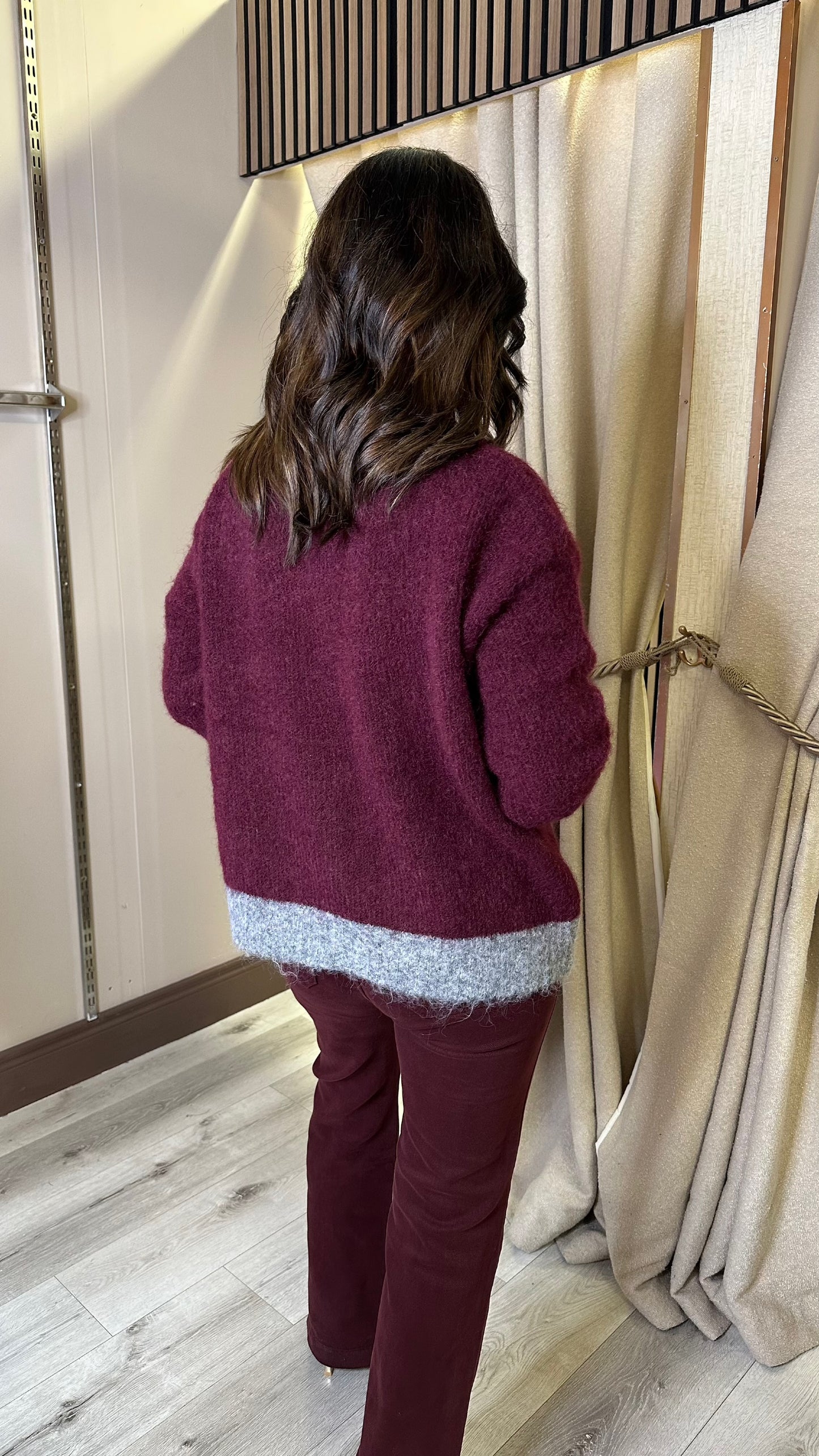 Wine & Grey Crew Neck Cardigan