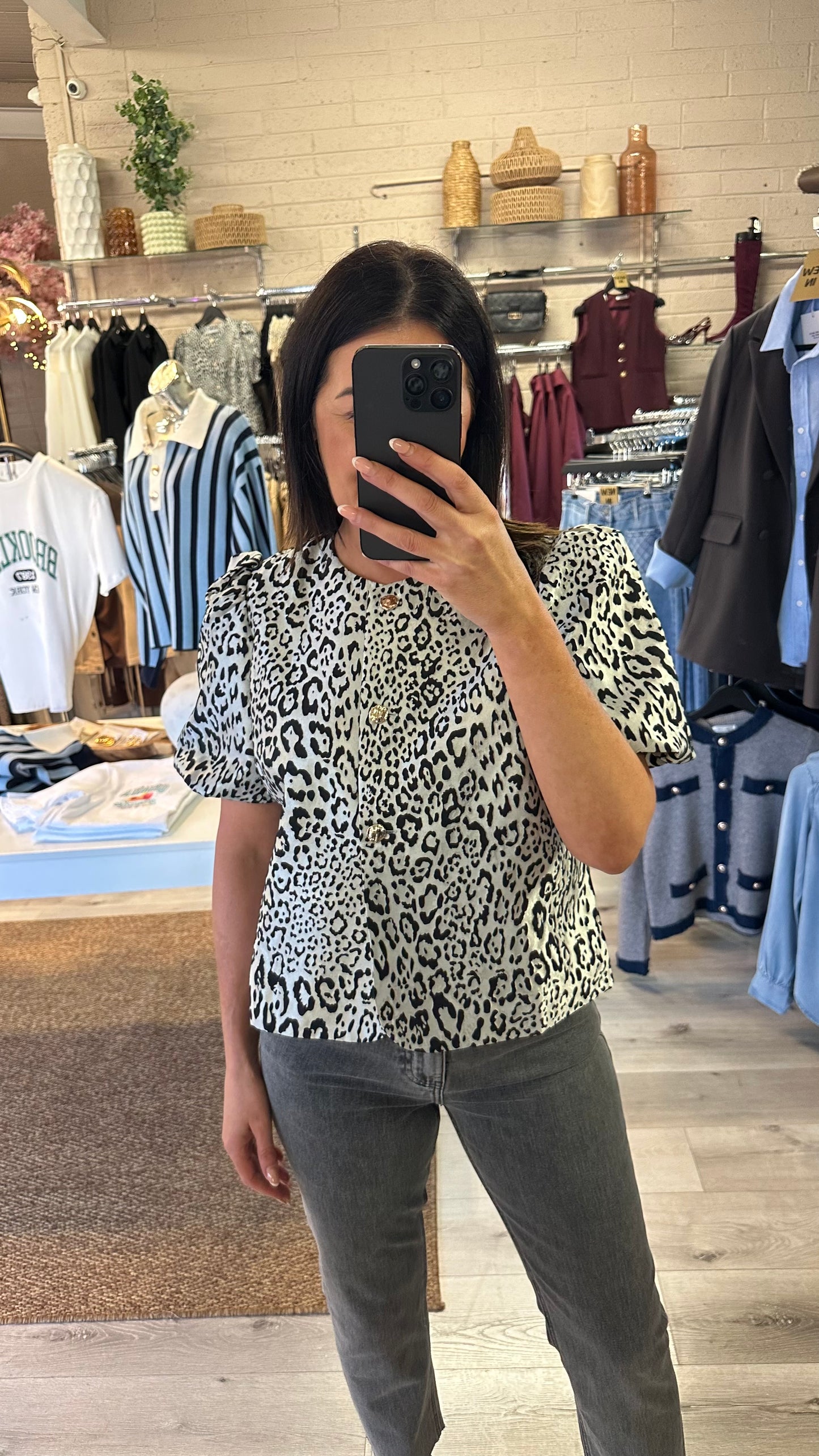 Grey Leopard Button-down Top