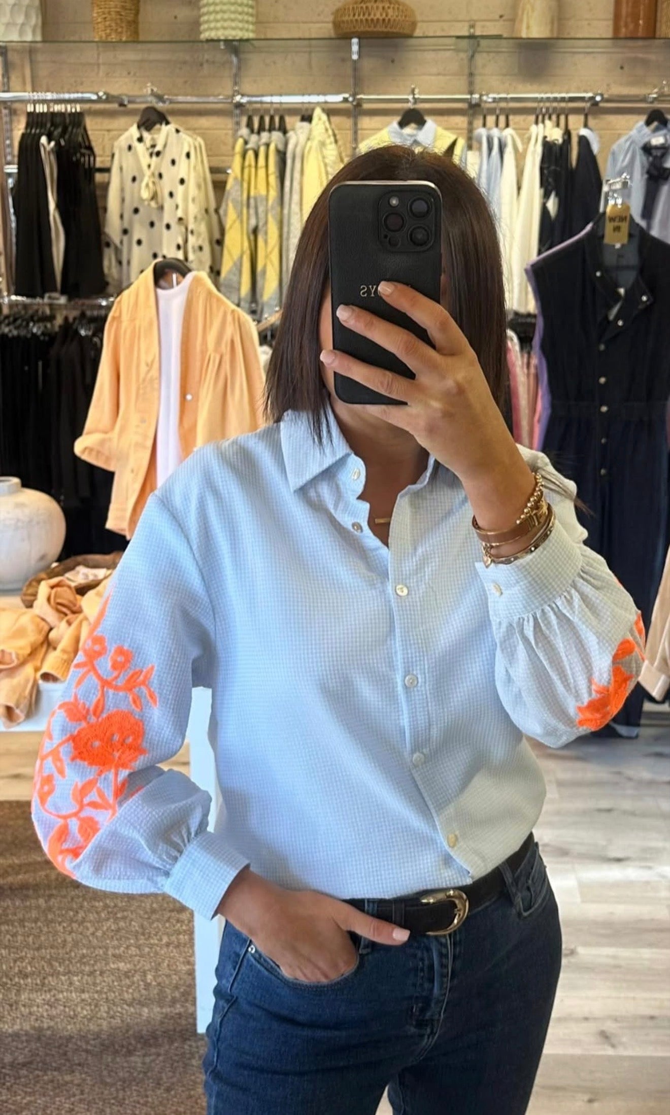 Blue Check Shirt with Orange Details