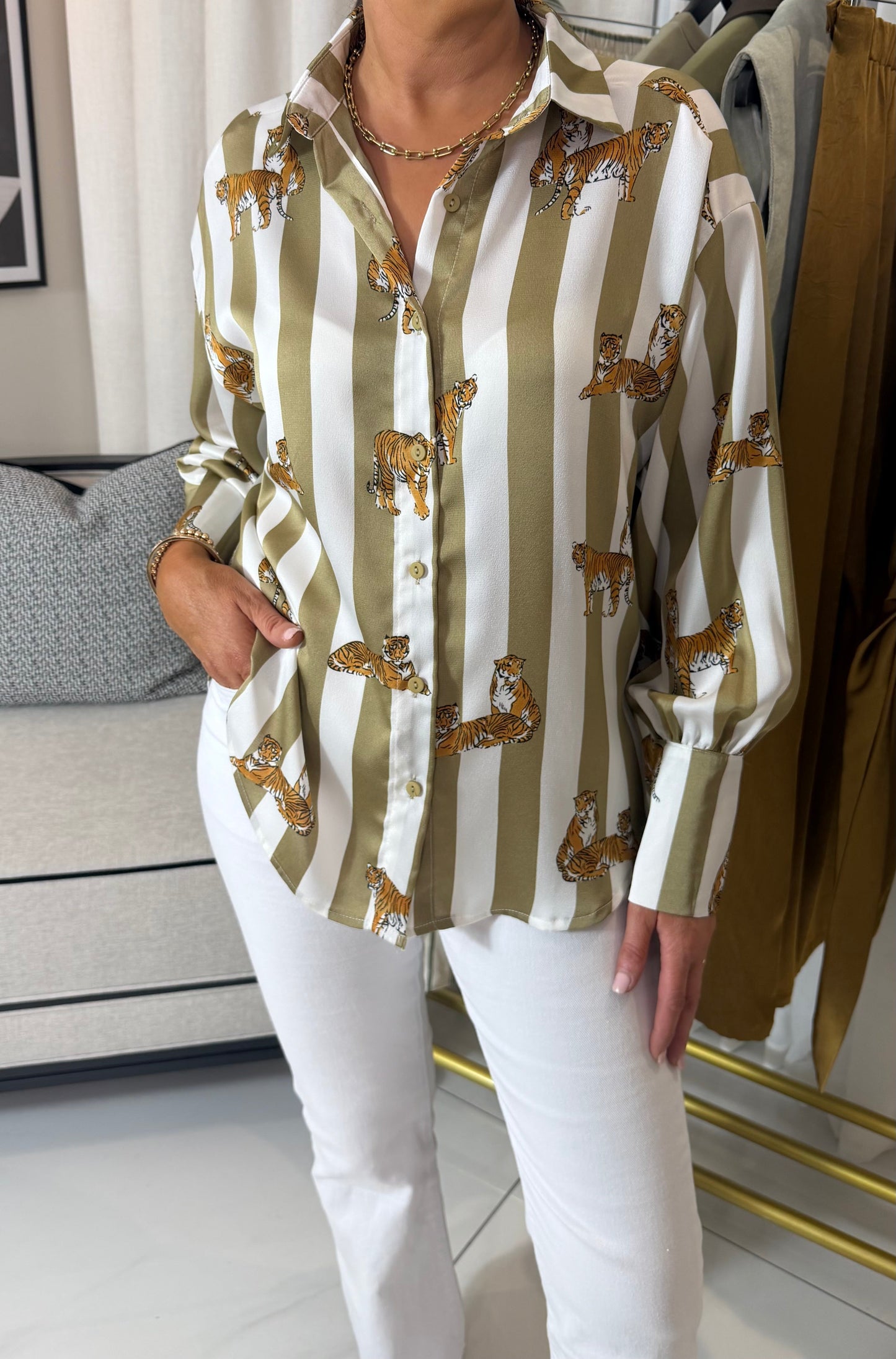 Green Striped Tiger Print Satin Shirt