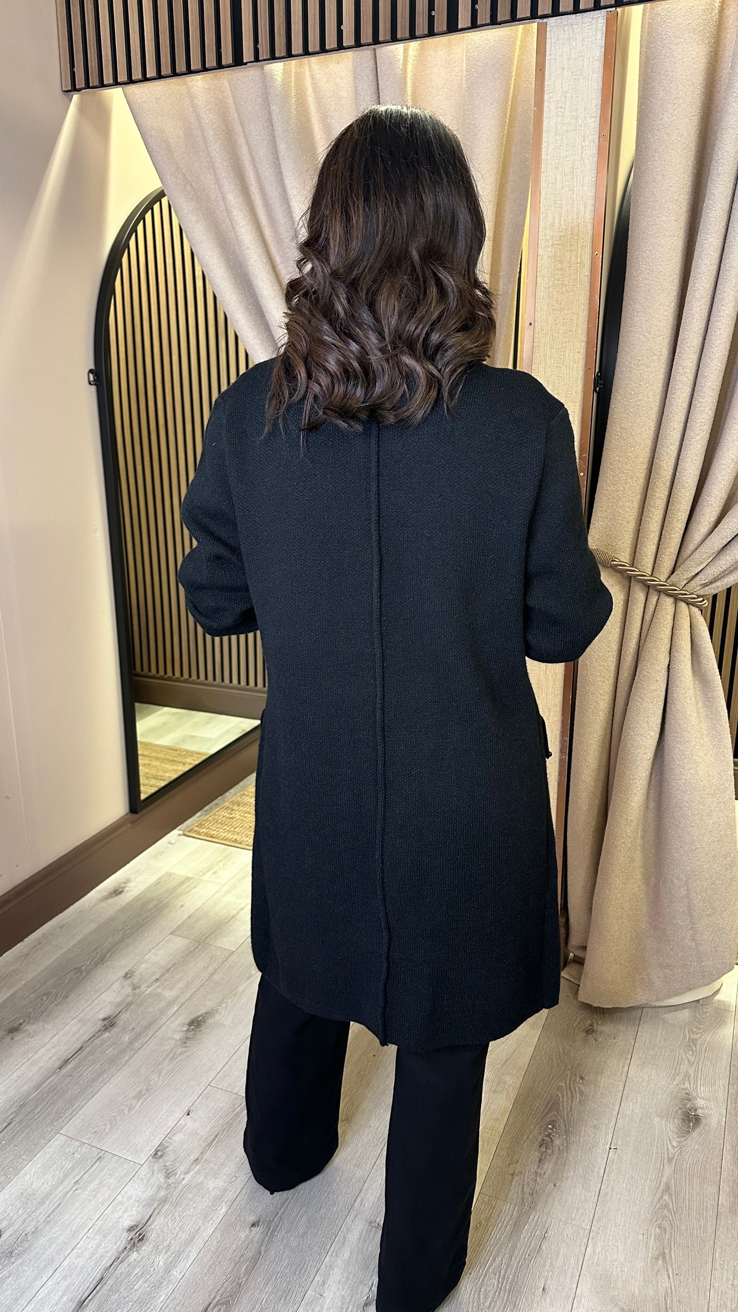 Black Longline Cardigan with Pearl Detail