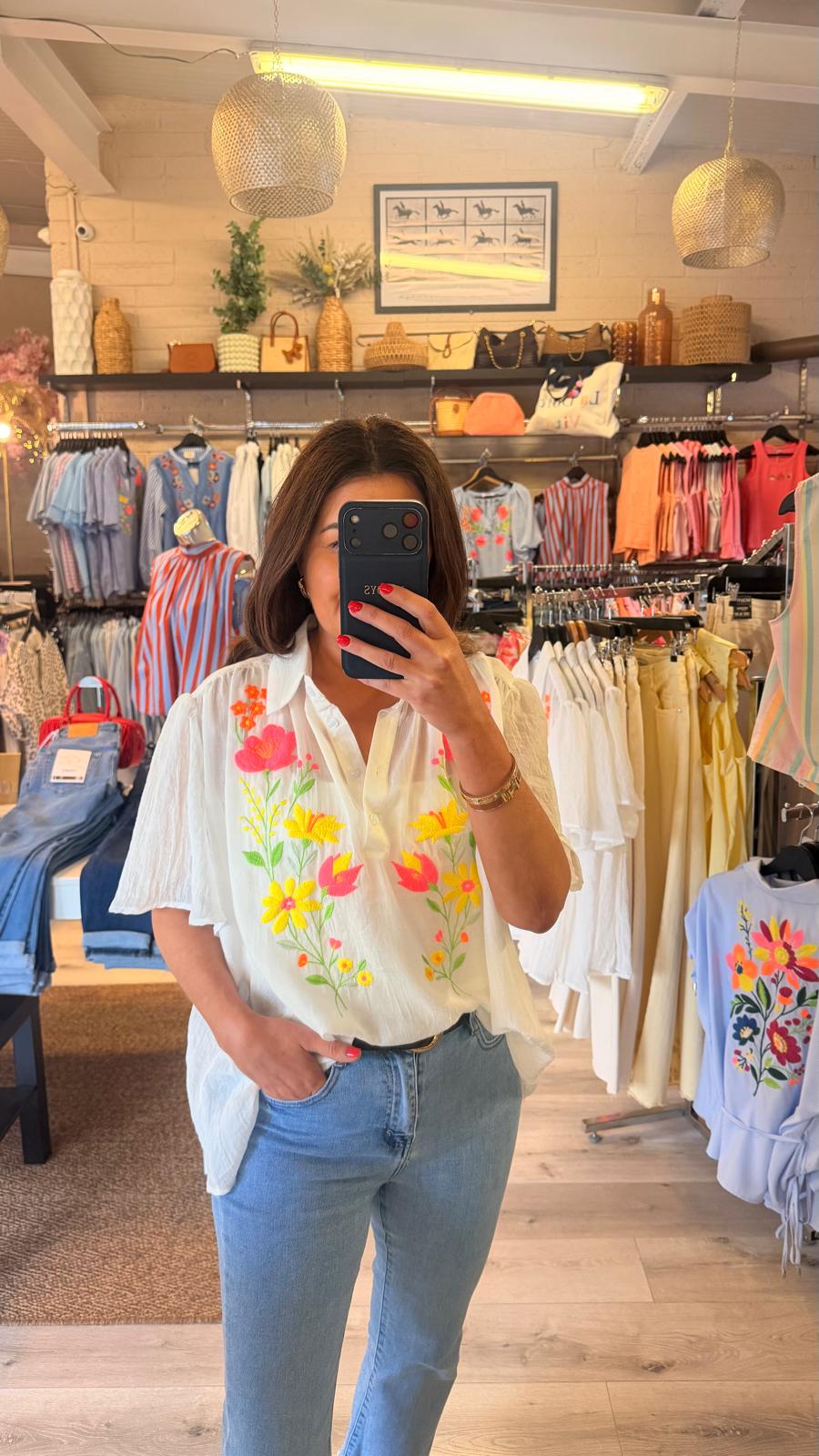 Lisa White Sheer Shirt with Embroidery
