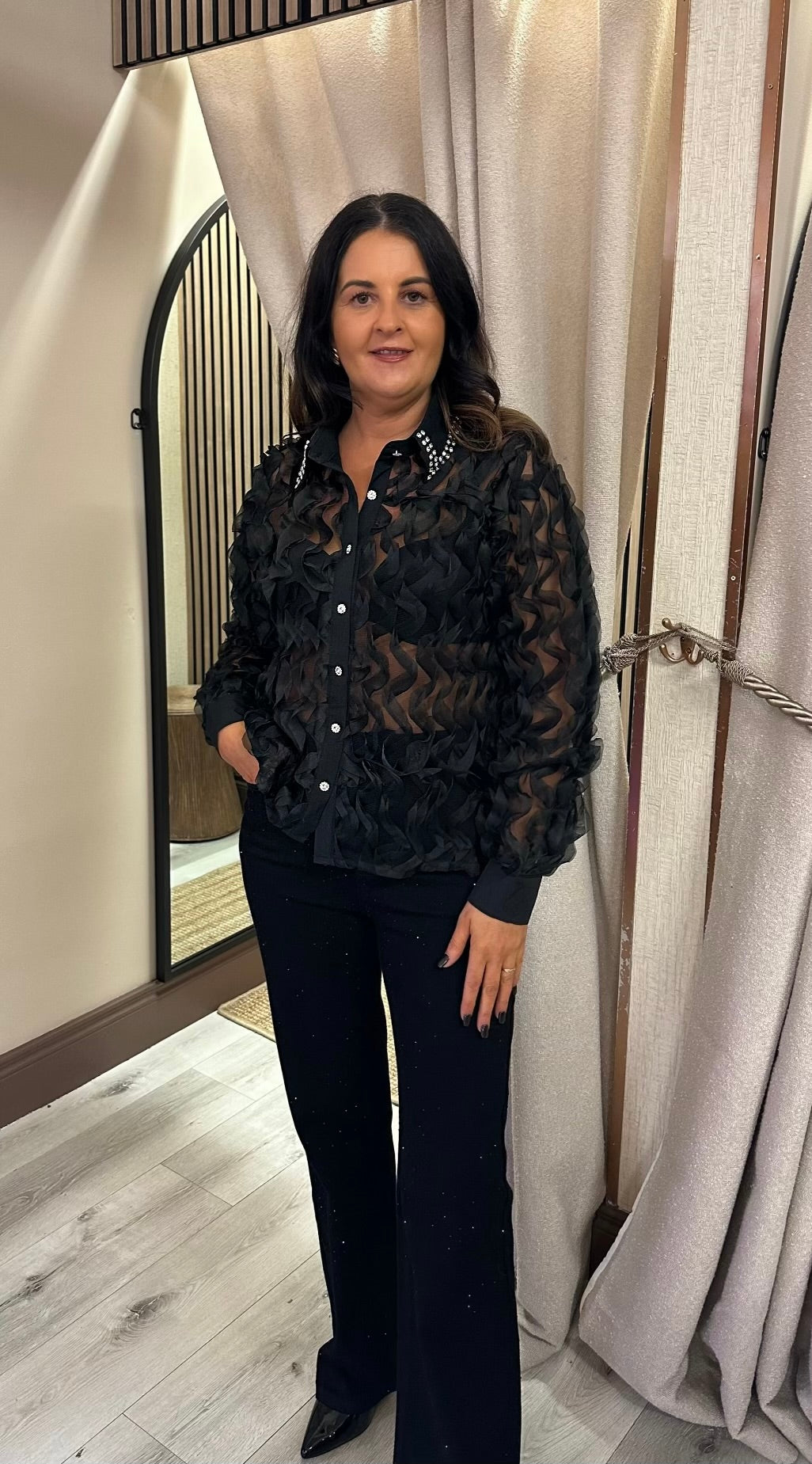 Black Mesh Embellished Blouse