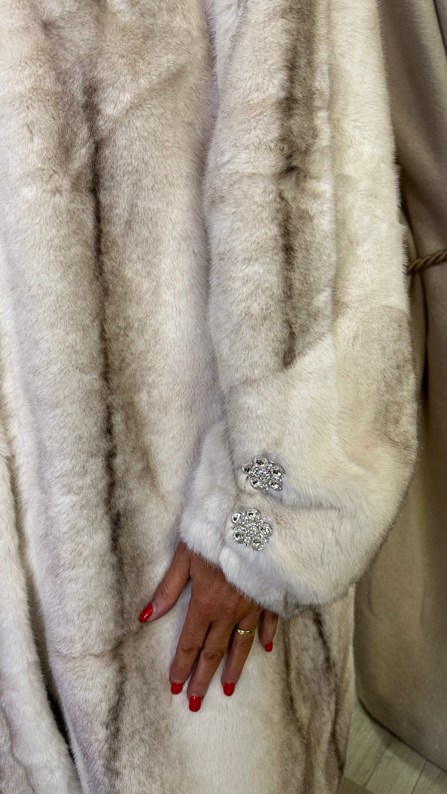 Luxe Crystal Trim Faux Fur Coat