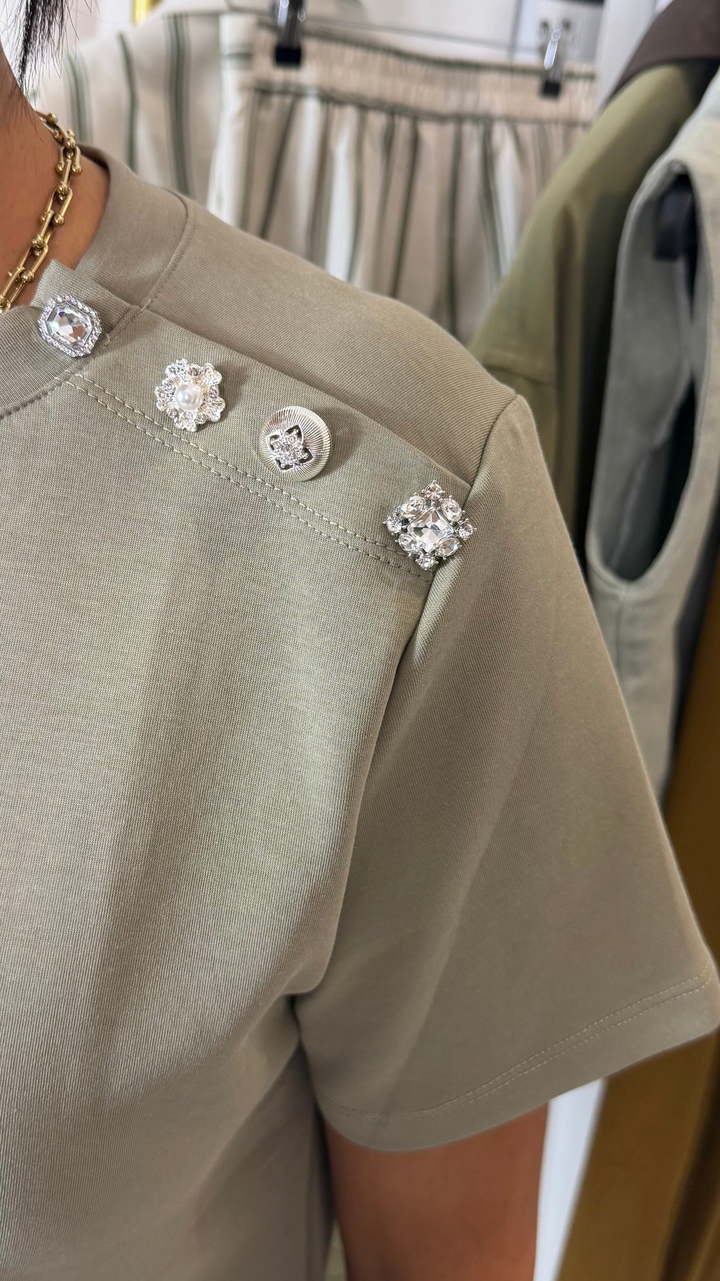 Green Diamantè Button T-Shirt