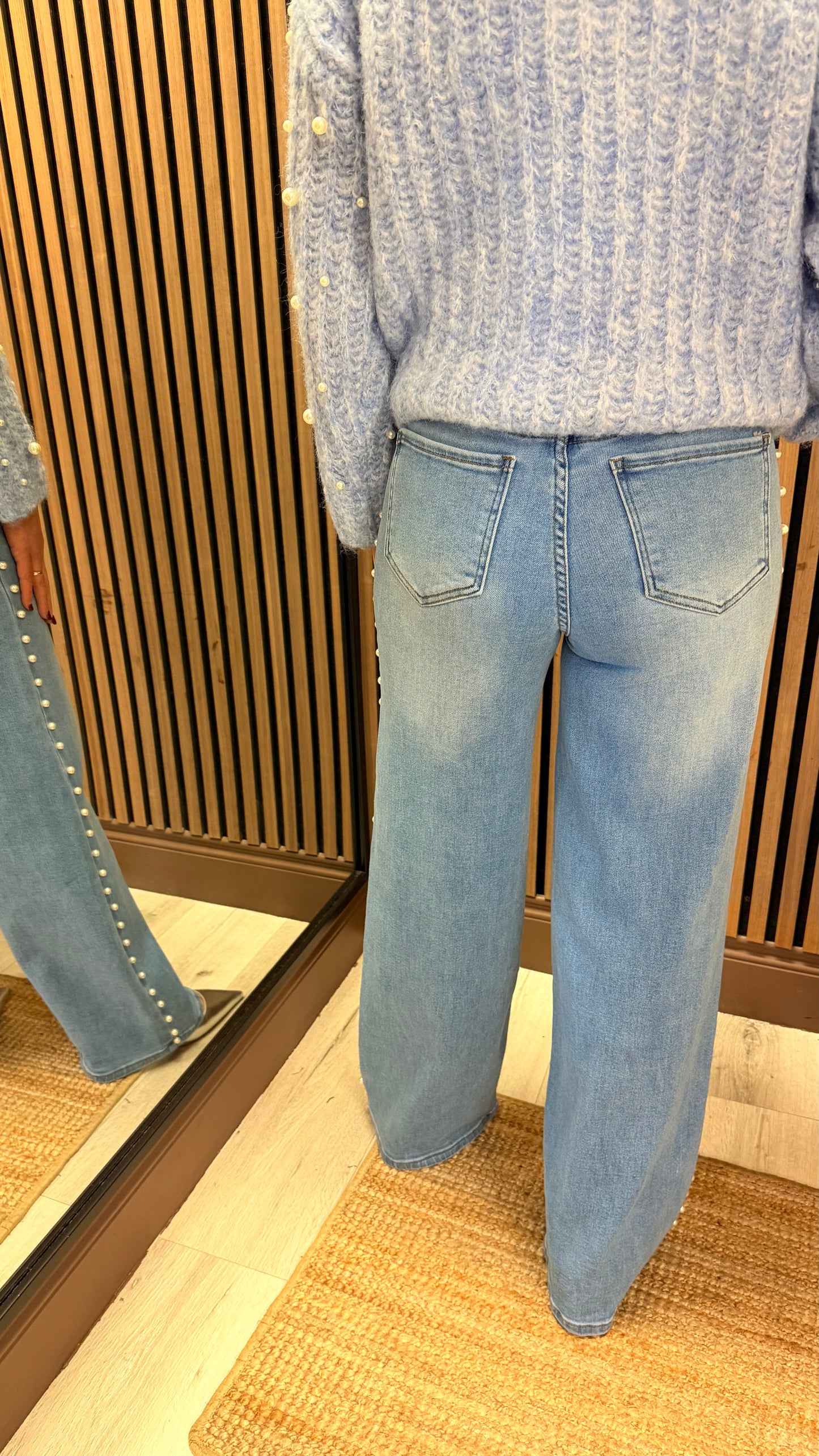 Blue Denim Wide Leg Jeans with Pearl Side Detail