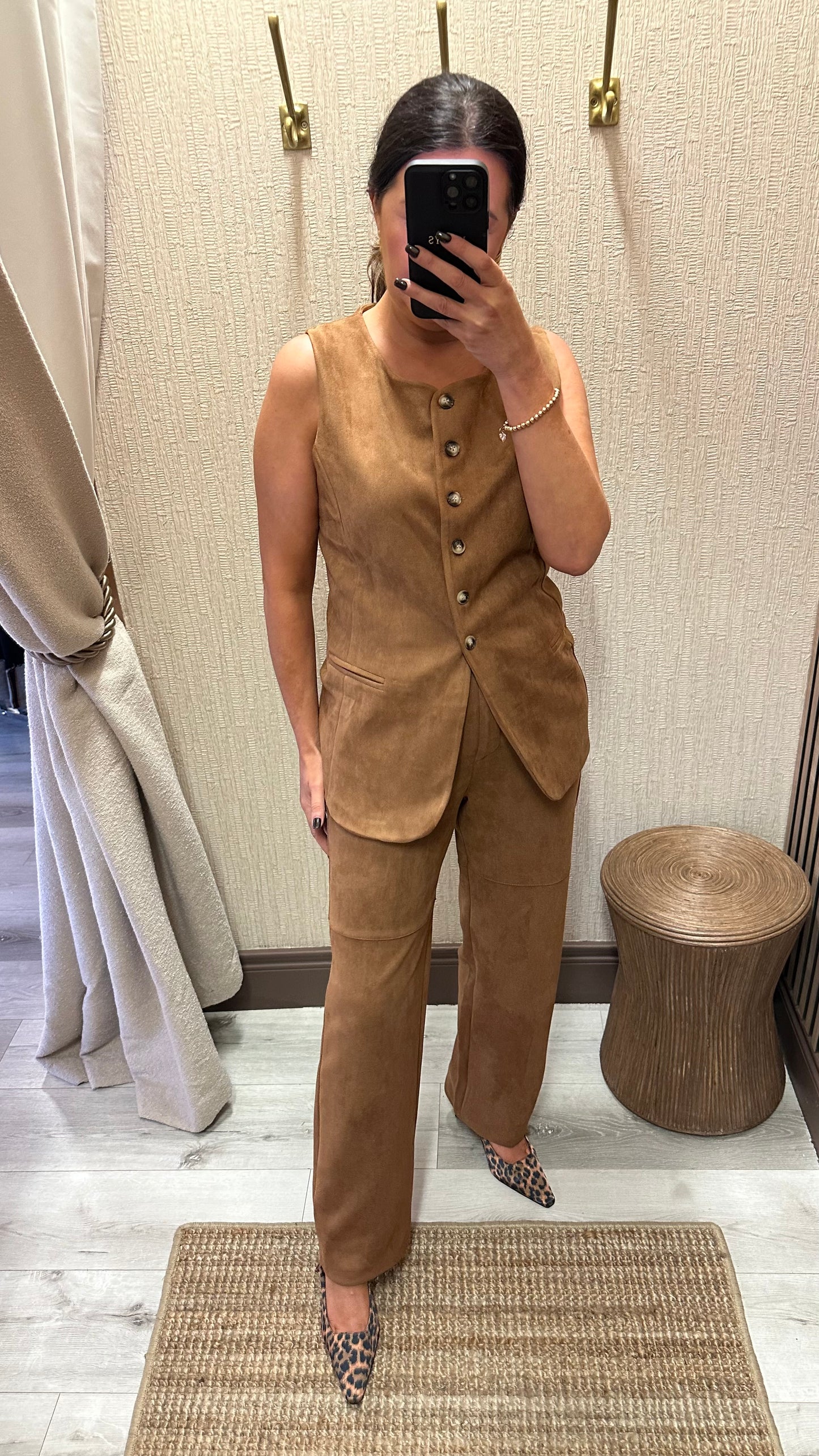 Camel Suedette Straight-Leg Trousers