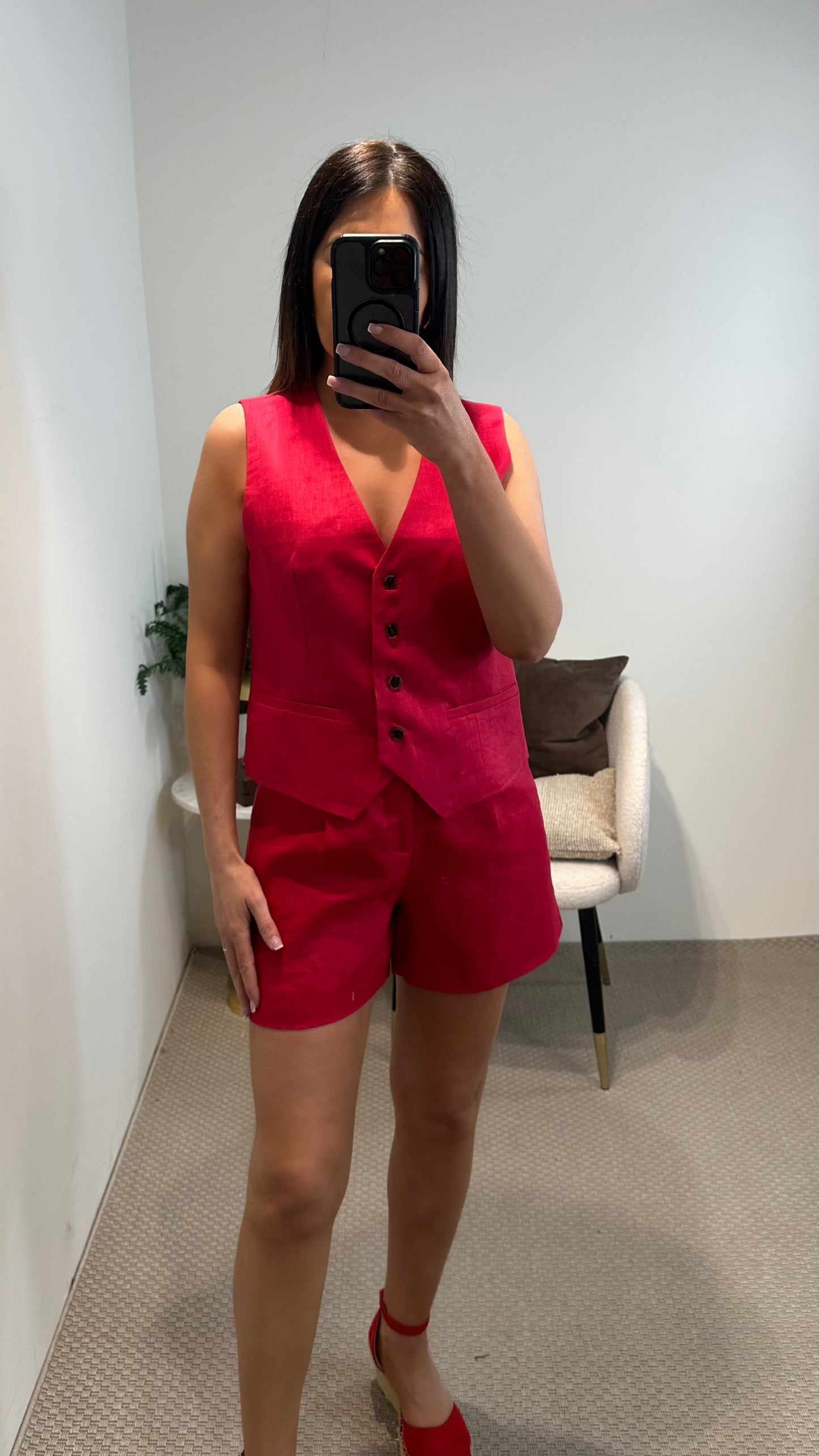 Red Linen-Blend Waistcoat