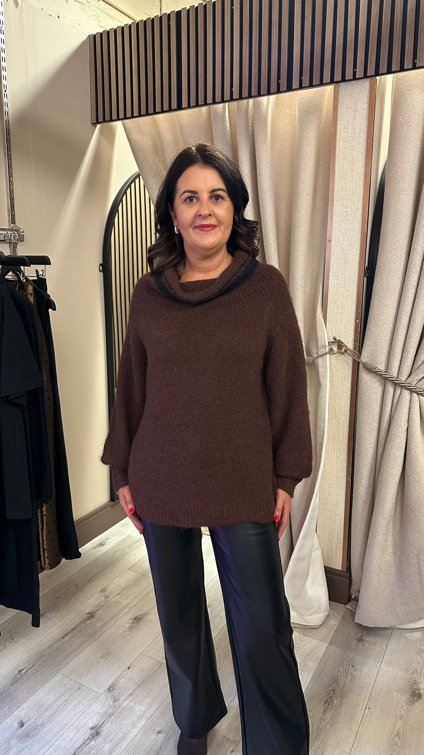 Brown Knit with Black Trim