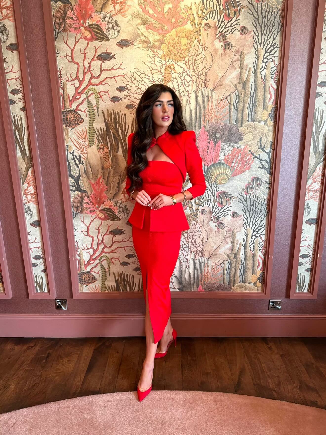 Megan Red Midi Dress with Detachable Bolero Jacket