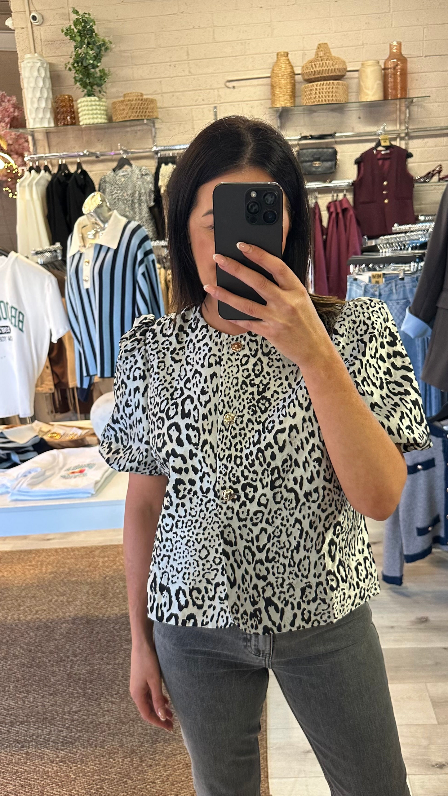 Grey Leopard Button-down Top