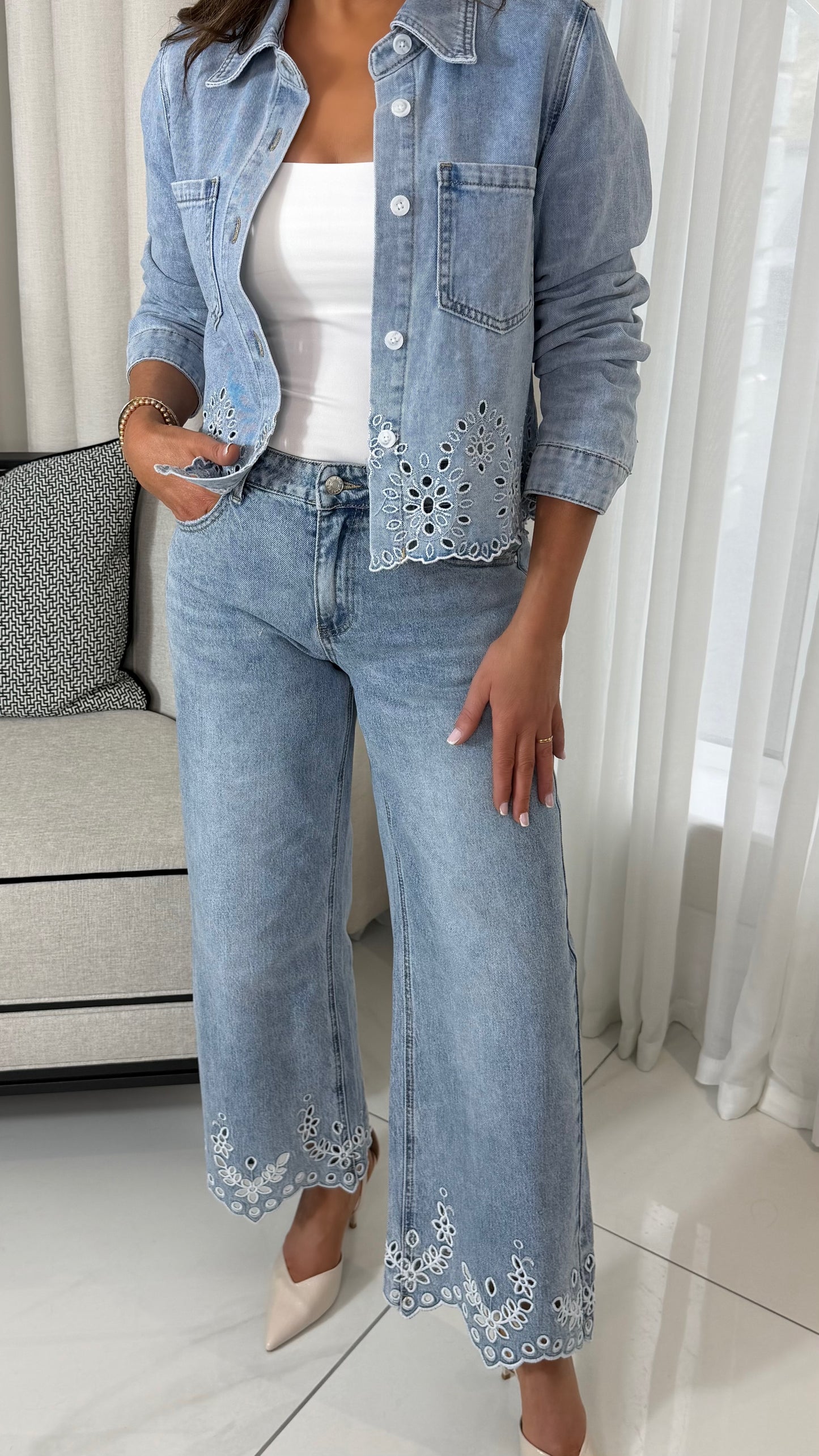 Denim Eyelet Embroidery Shirt