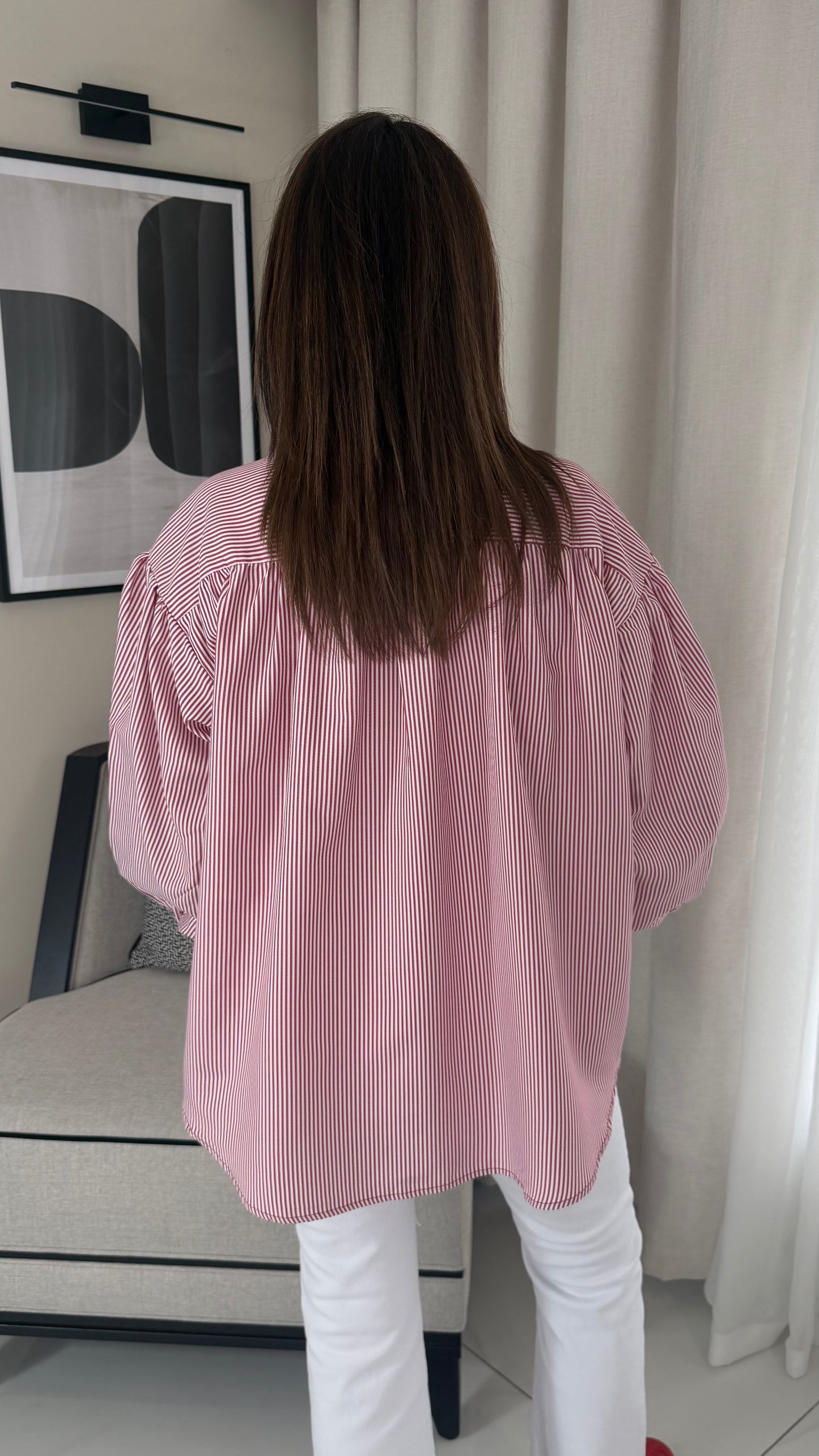 Red Ruffle Pinstriped Blouse