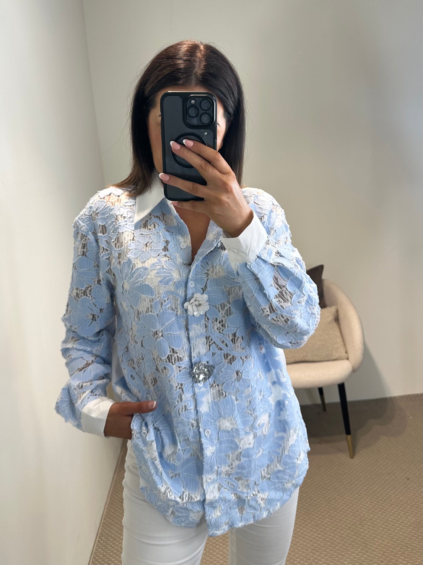 Blue Lace Shirt with Statement Buttons