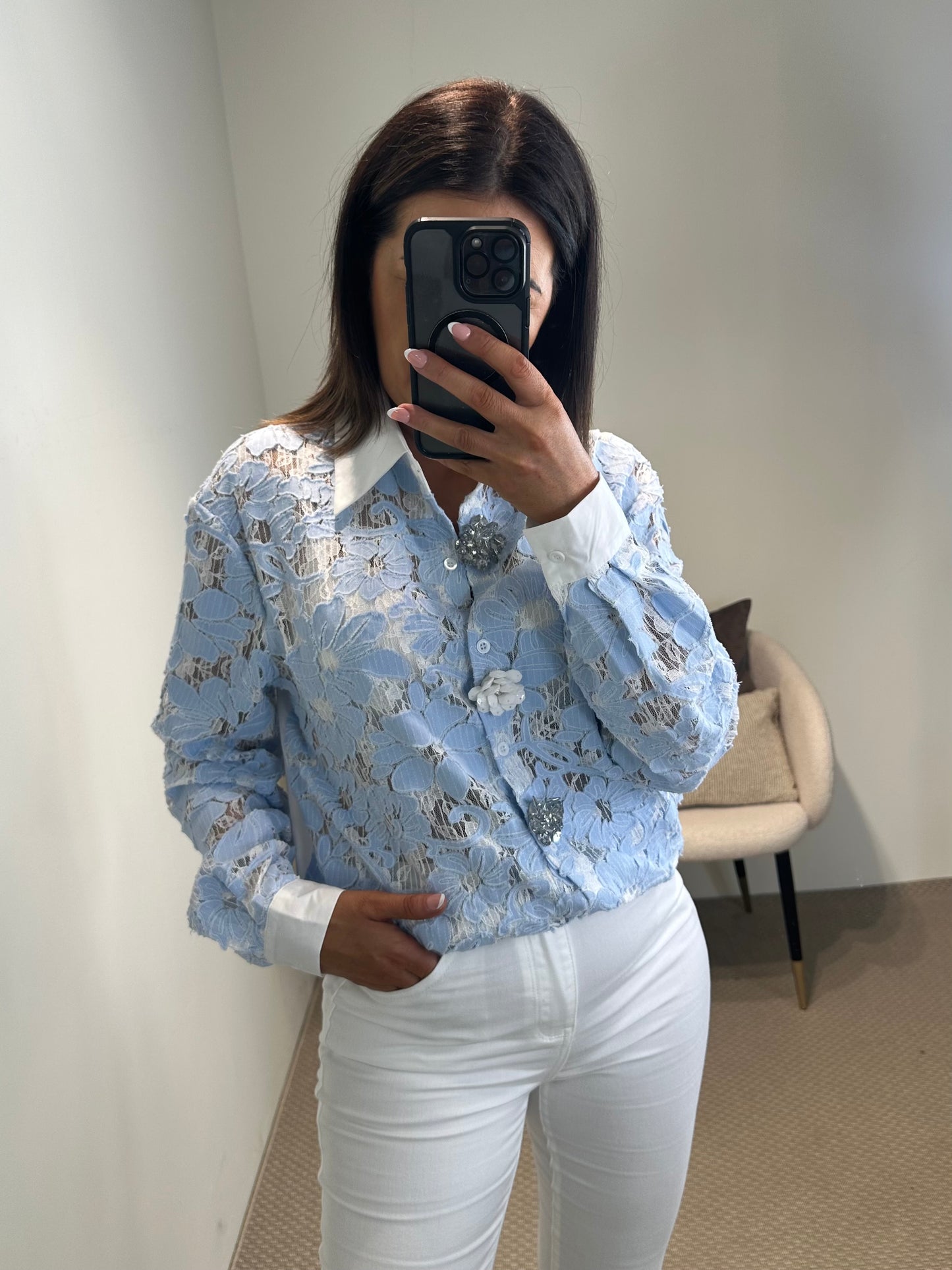 Blue Lace Shirt with Statement Buttons