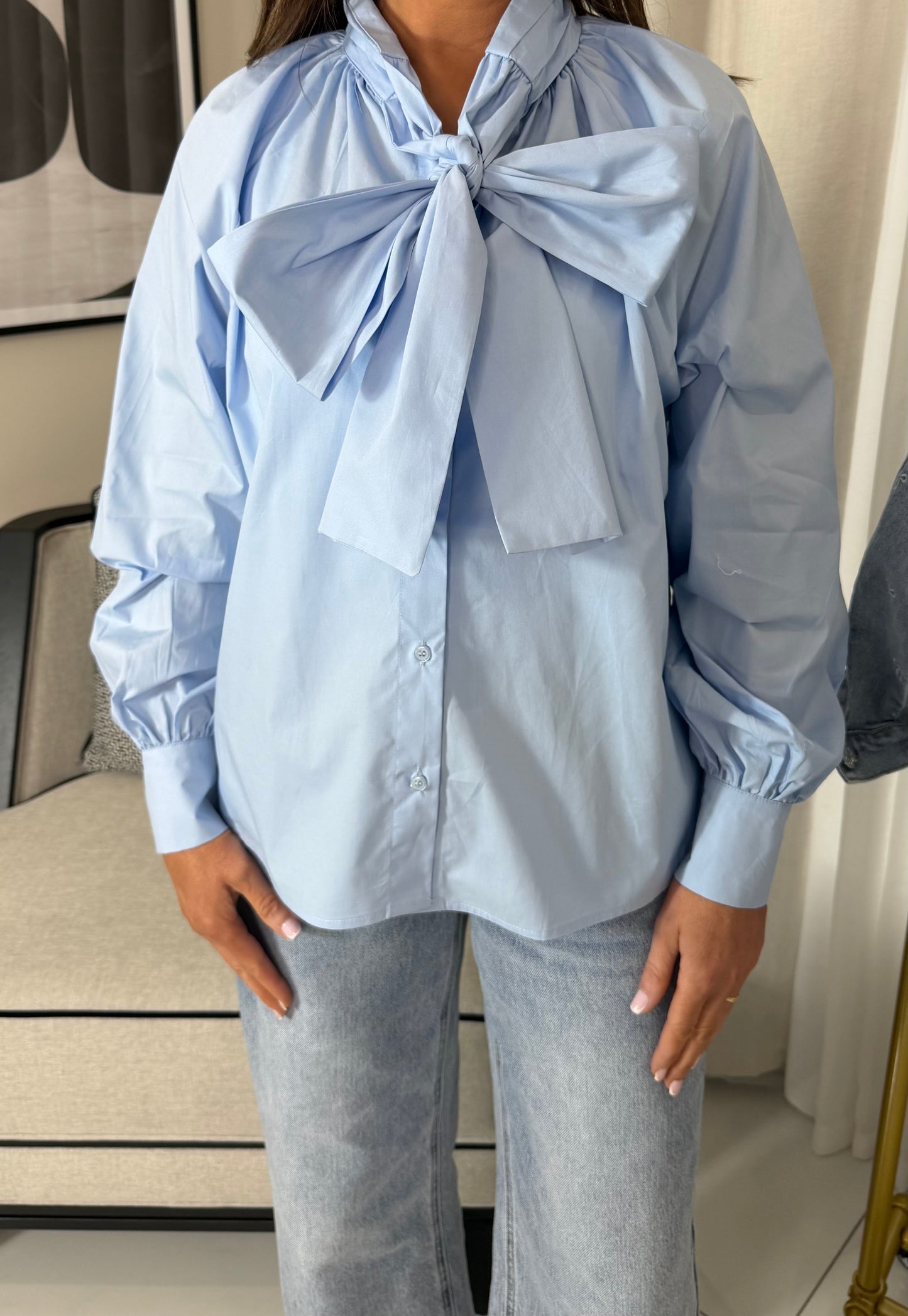 Blue Shirt with Bow Tie Detail