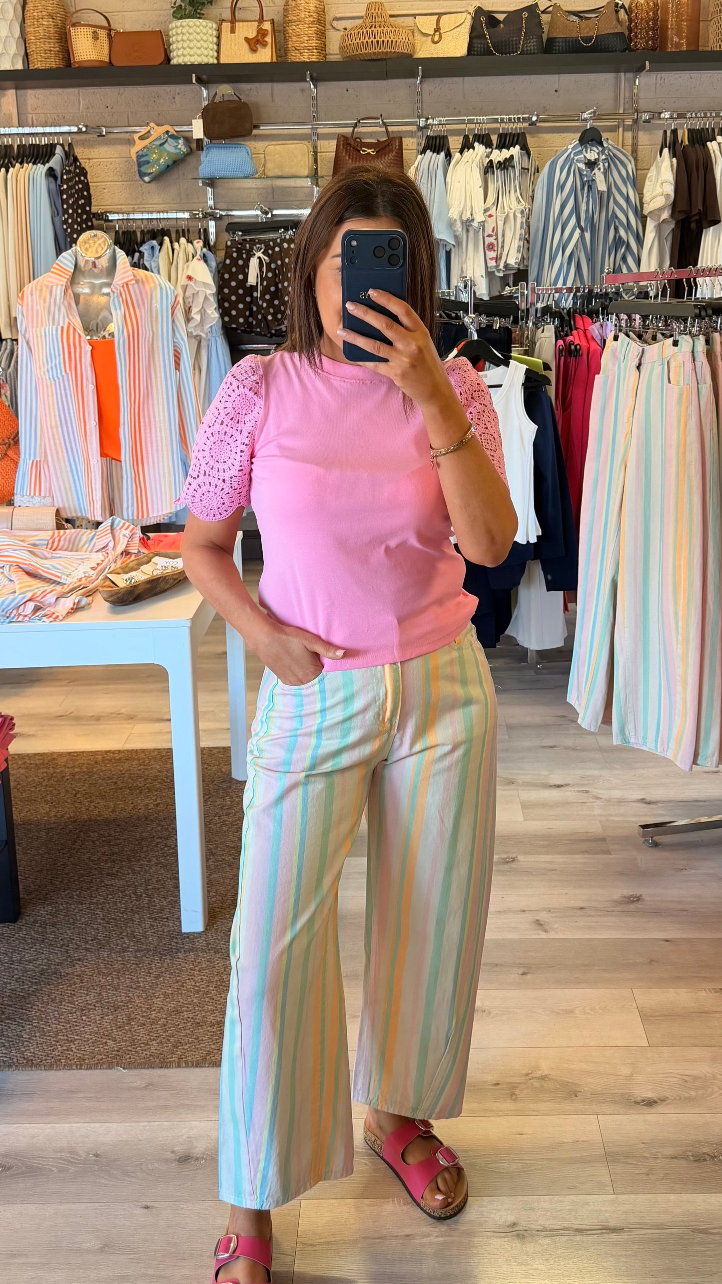 Pastel Striped Denim Wide-Leg Jeans
