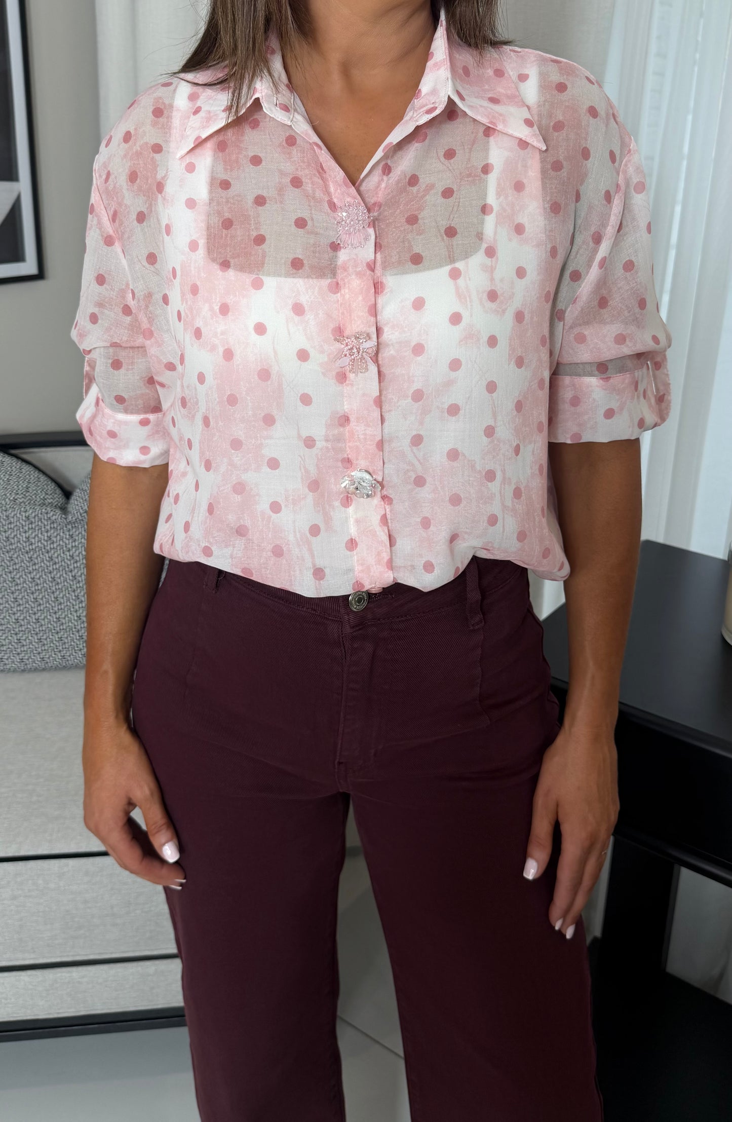 Sheer Polka Dot Short Sleeve Shirt
