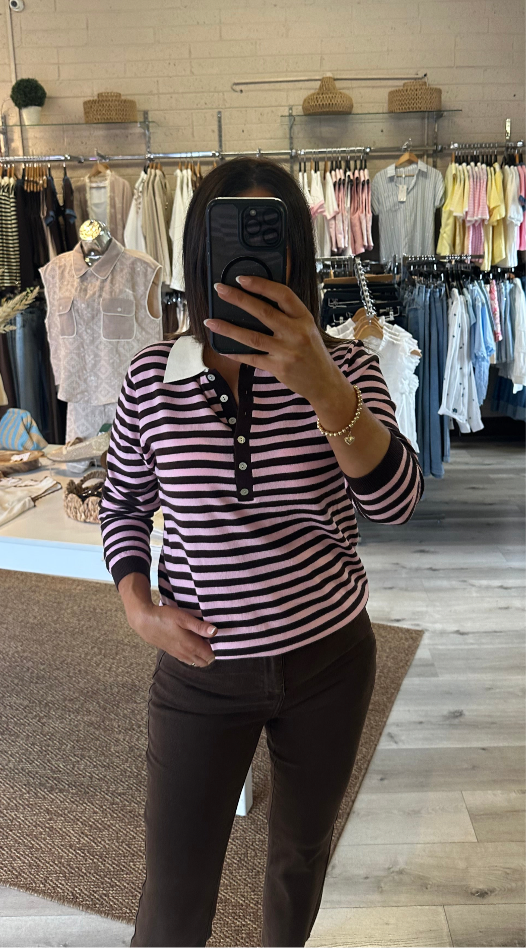 Striped Polo Top- Pink & Brown
