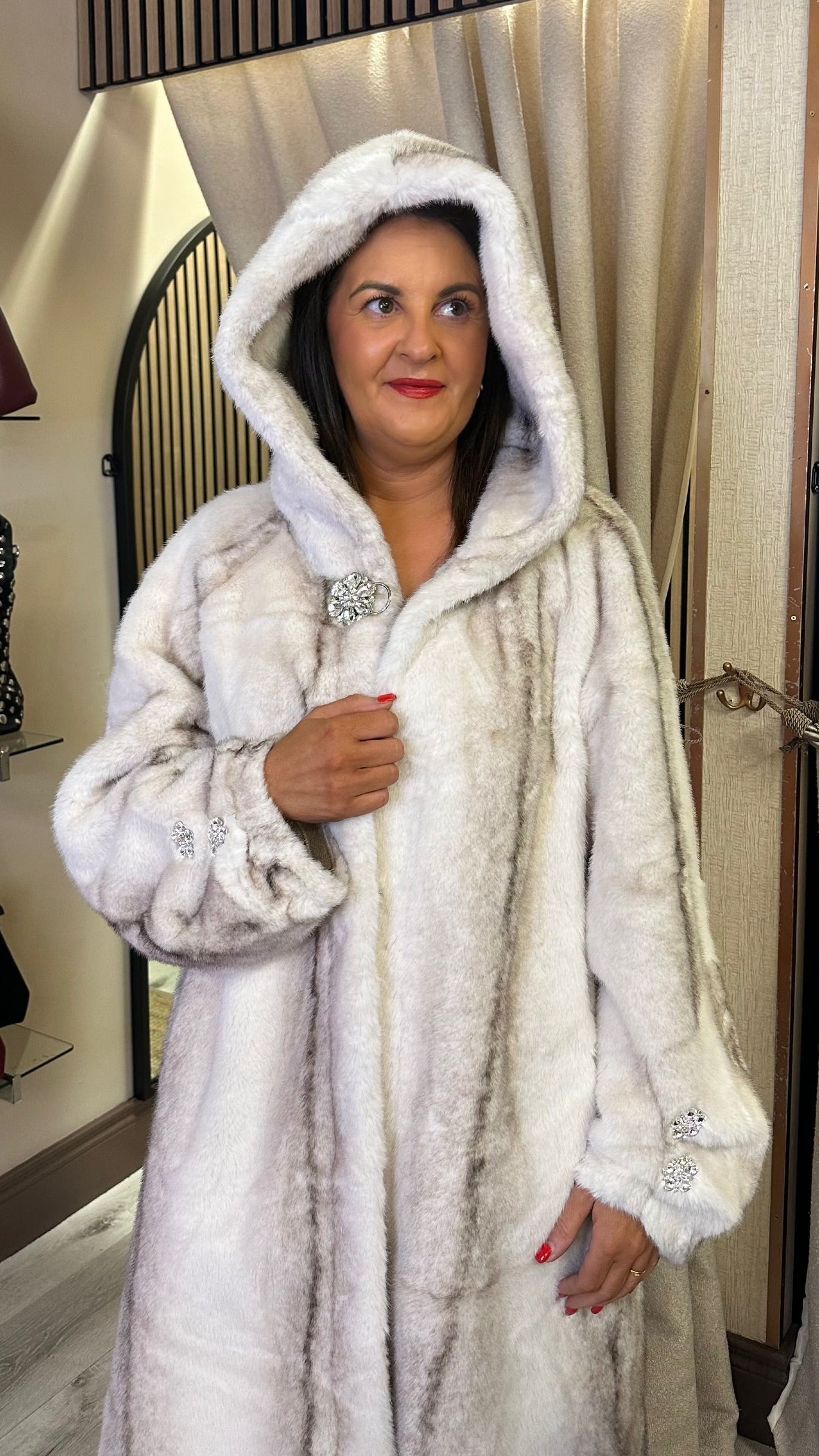 Luxe Crystal Trim Faux Fur Coat