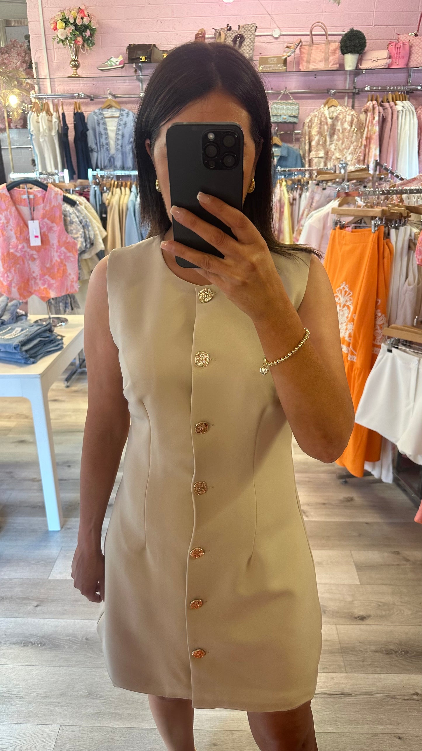 Beige Button Down Mini Dress