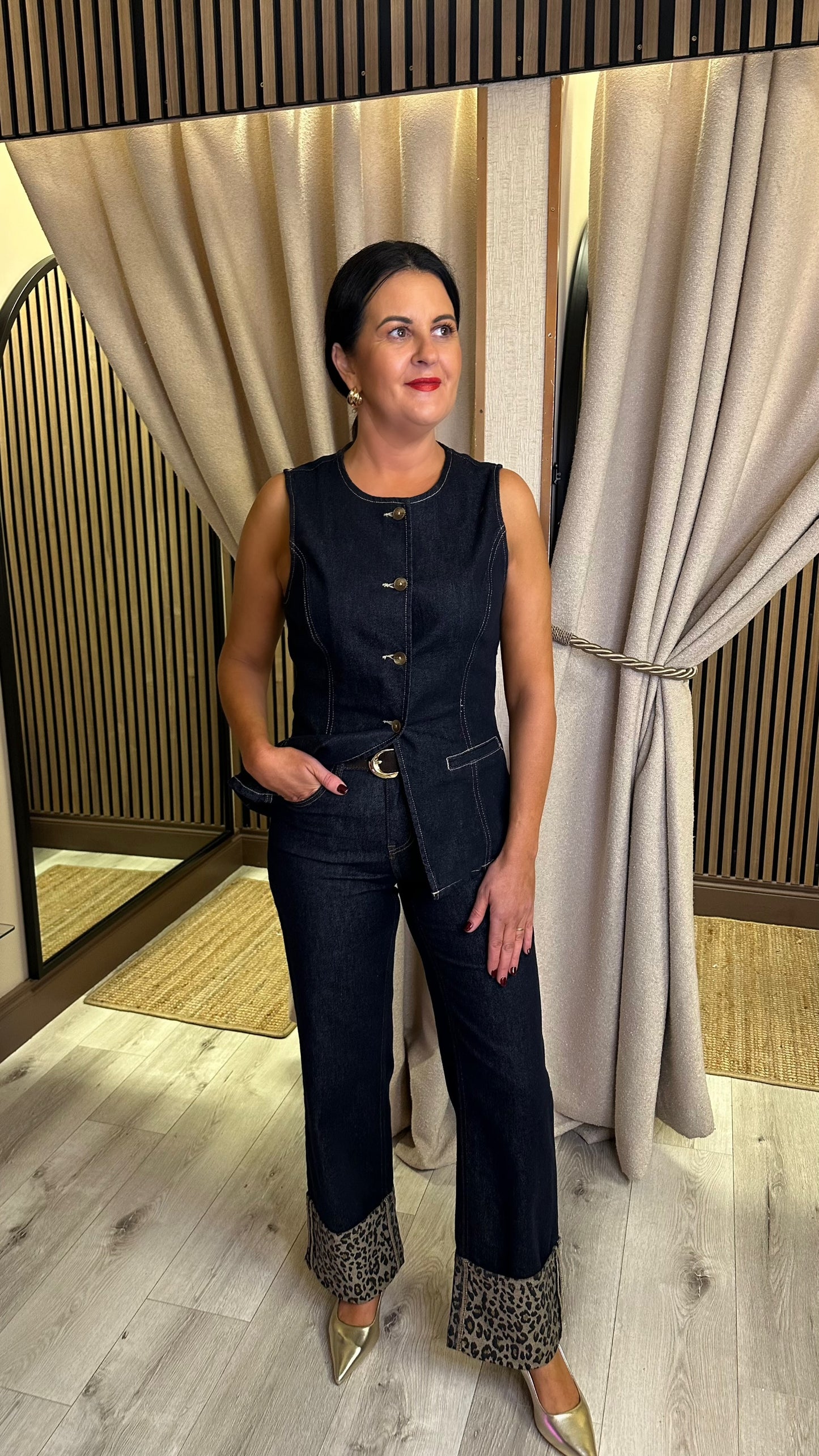 Dark Denim Leopard Turn-Up Jeans