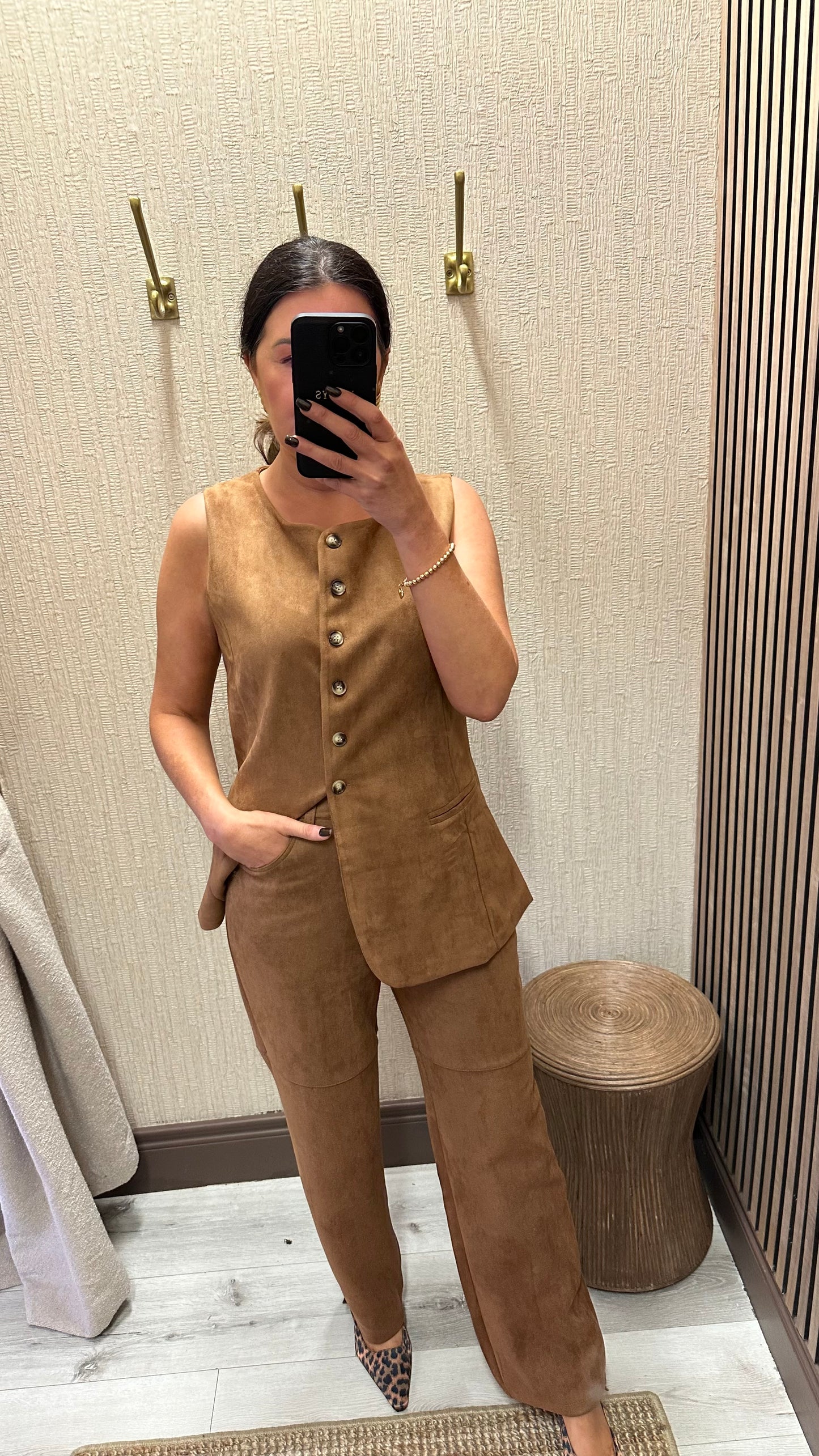 Camel Suedette Straight-Leg Trousers