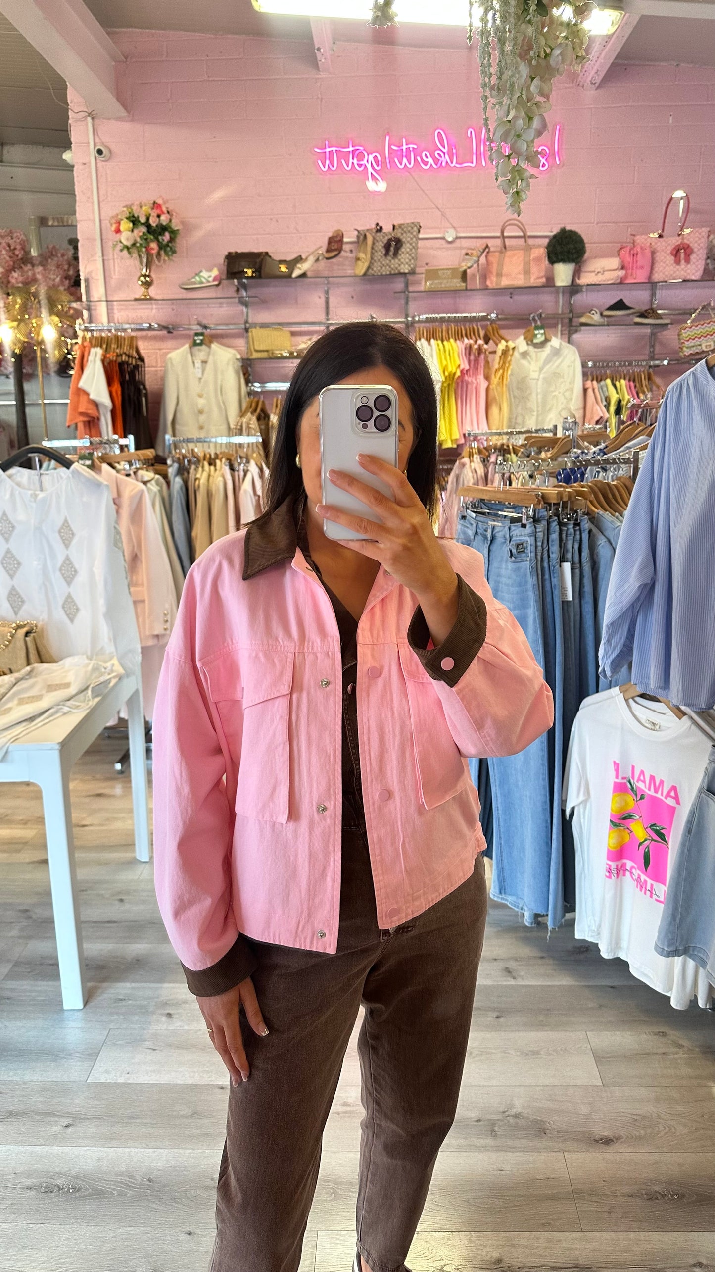 Pink Barn Jacket with Brown Corduroy Collar