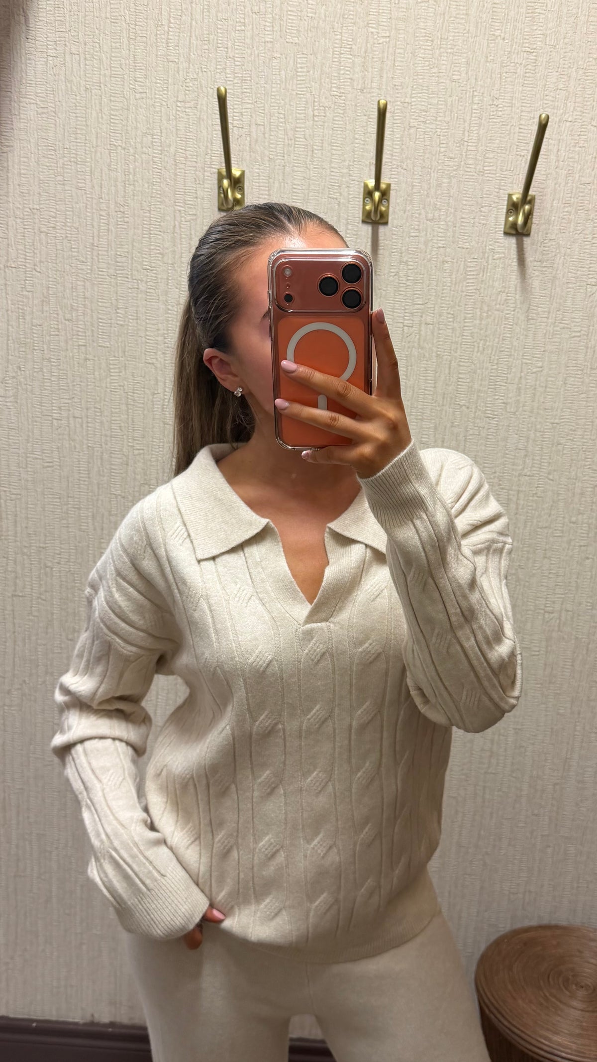 Cream-Polo Cable Knit Lounge Set