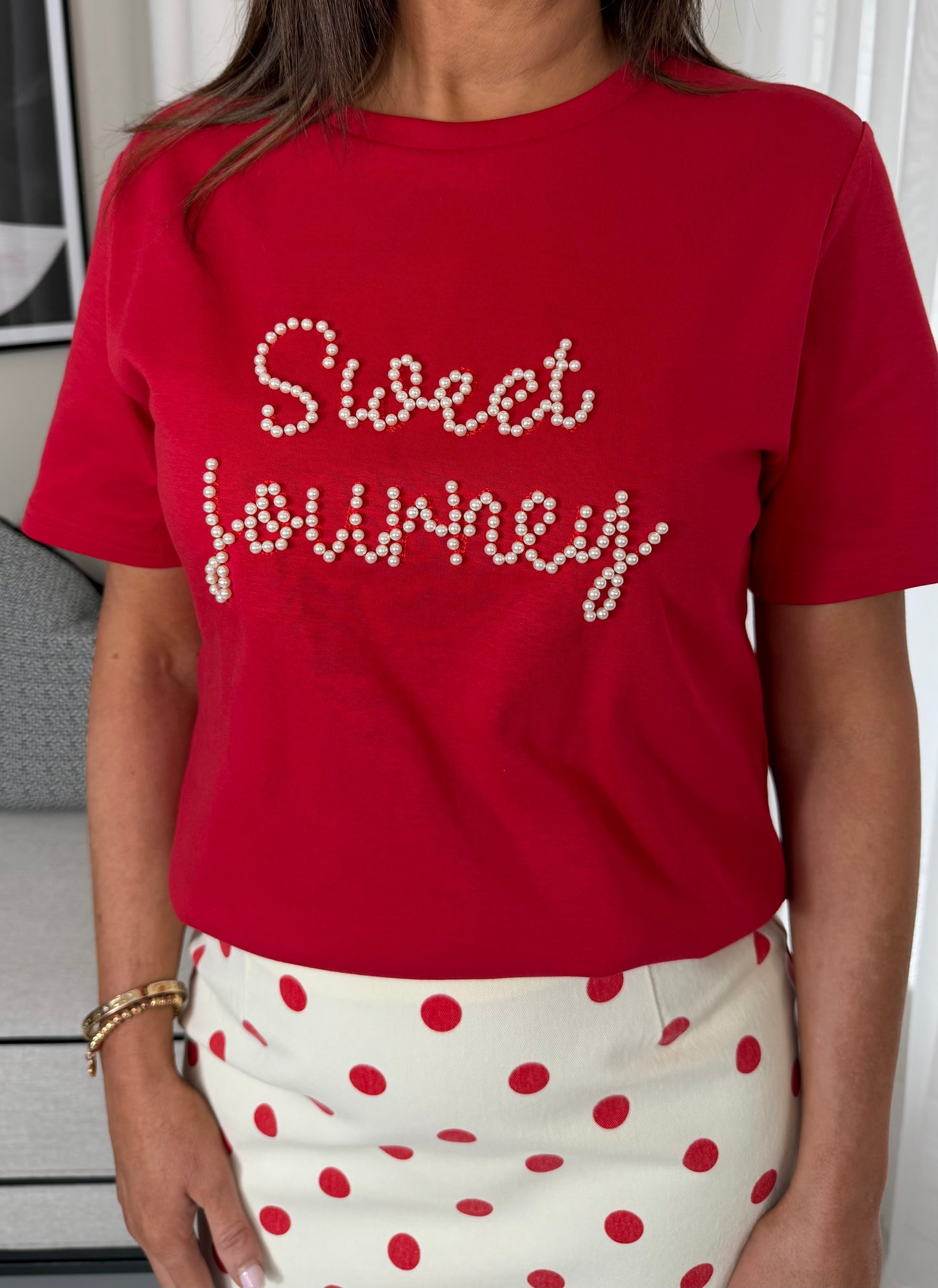 Red Pearl Detail T-Shirt