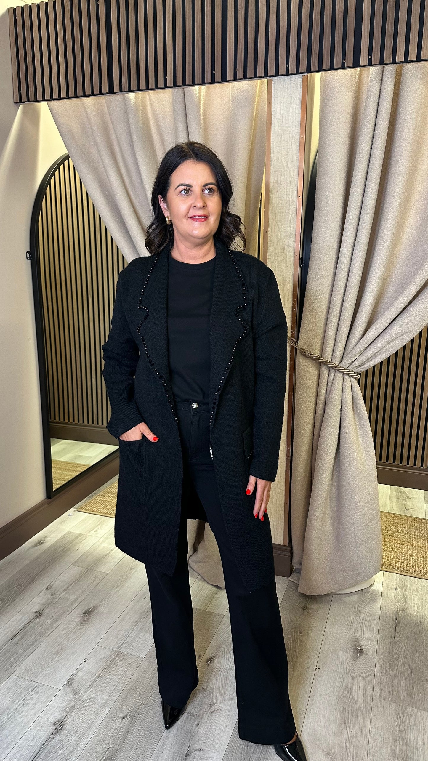 Black Longline Cardigan with Pearl Detail