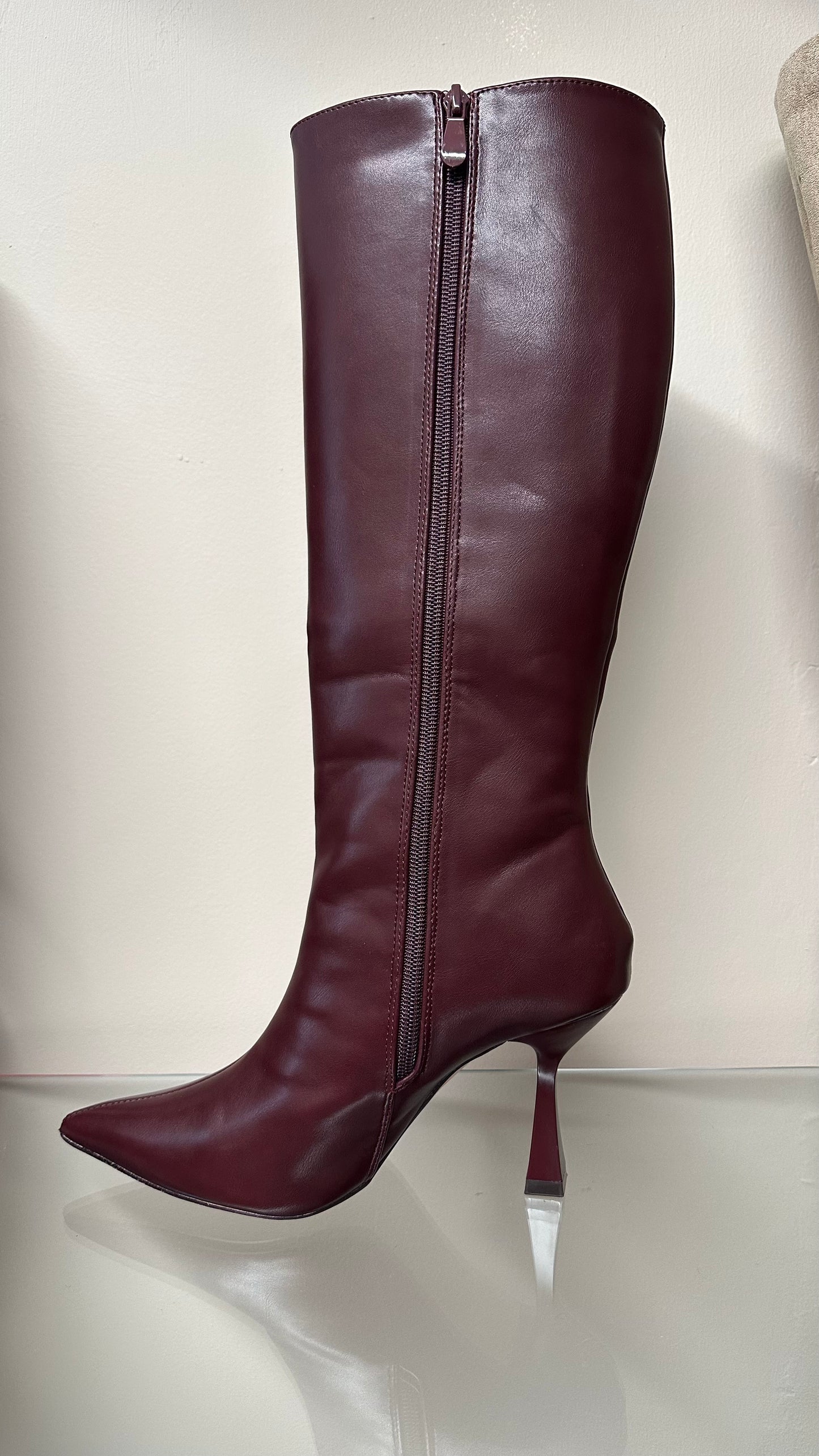 Wine Leatherette Knee High Boots