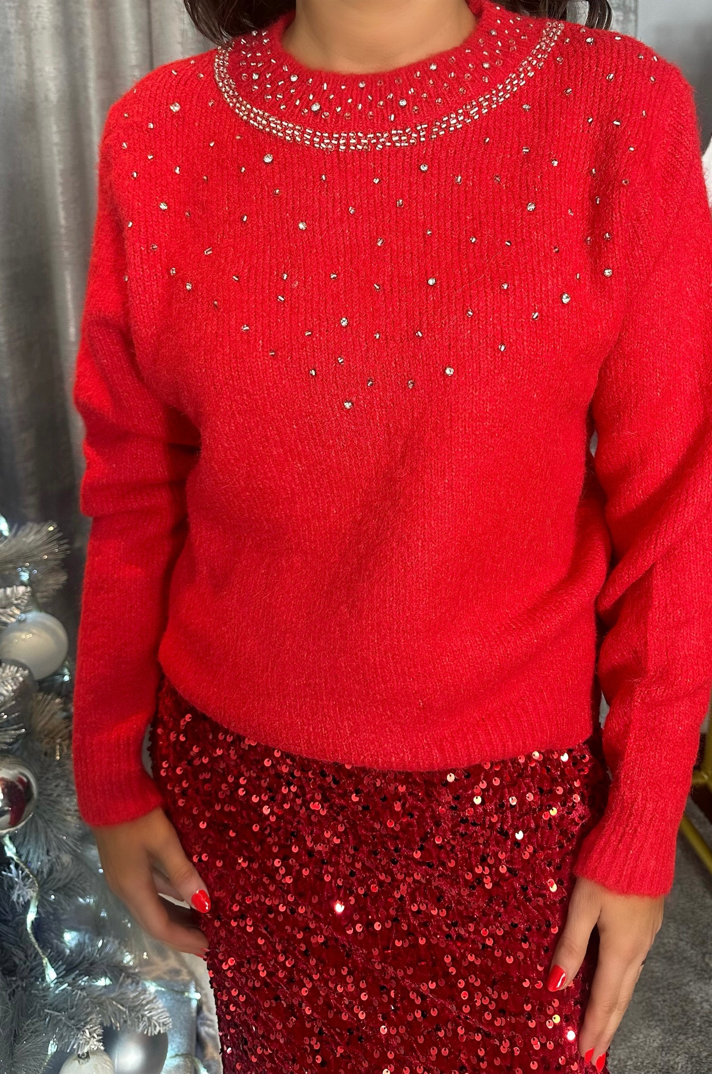 Red Embellished Sweater